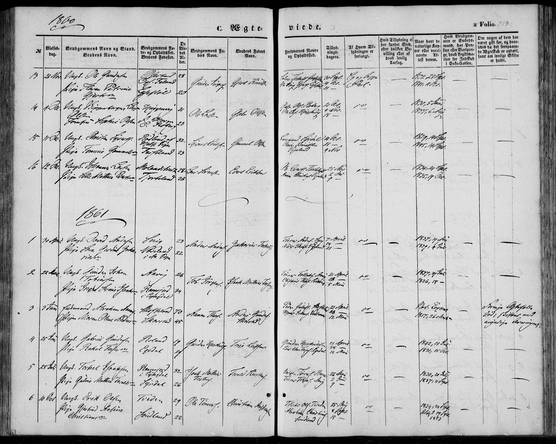 Sør-Audnedal sokneprestkontor, AV/SAK-1111-0039/F/Fa/Fab/L0007: Parish register (official) no. A 7, 1855-1876, p. 224