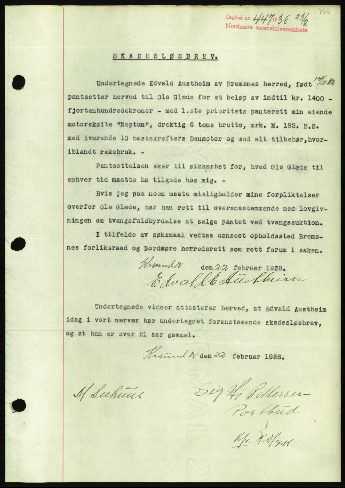 Nordmøre sorenskriveri, AV/SAT-A-4132/1/2/2Ca/L0092: Mortgage book no. B82, 1937-1938, Diary no: : 447/1938