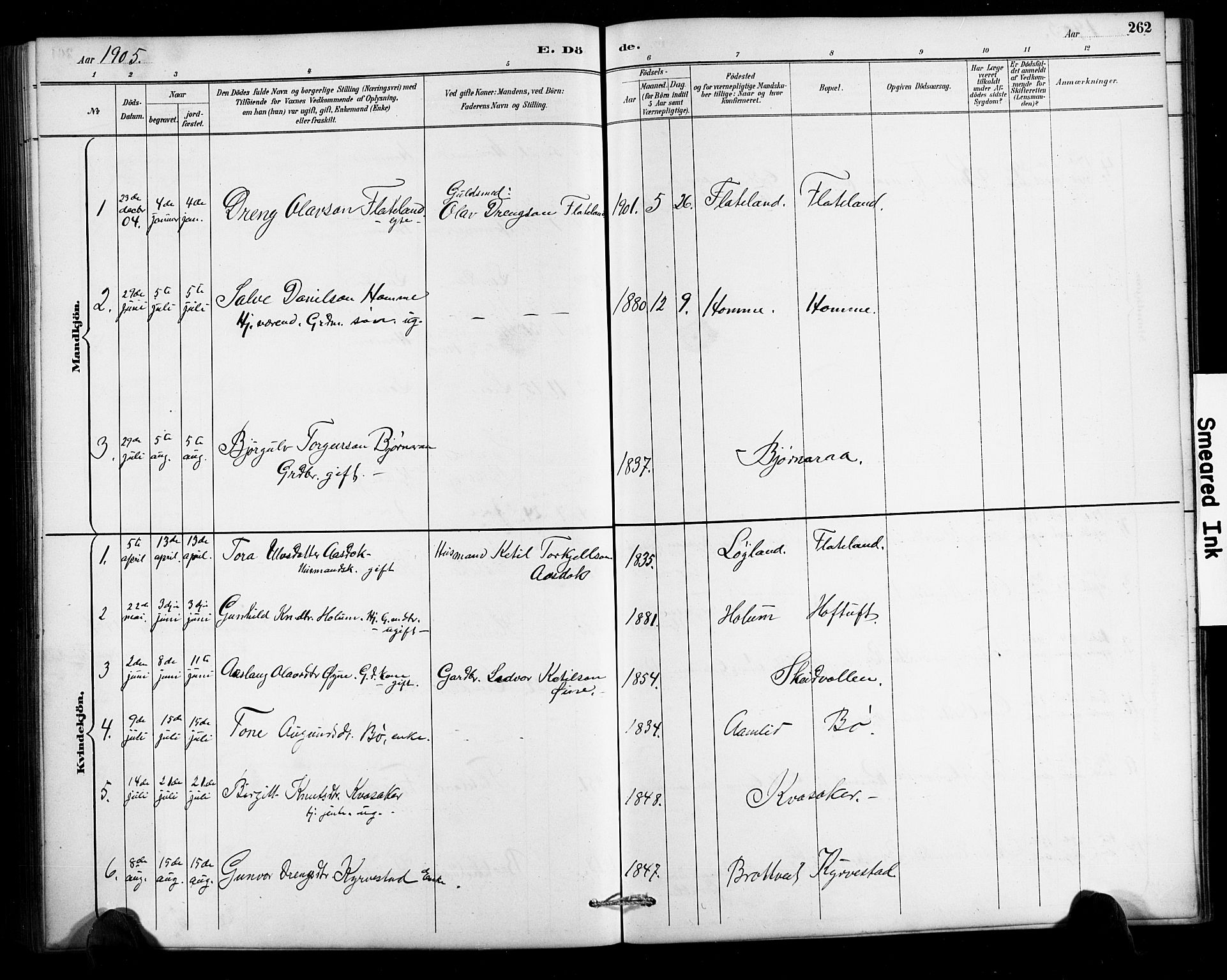 Valle sokneprestkontor, SAK/1111-0044/F/Fb/Fbc/L0004: Parish register (copy) no. B 4, 1890-1928, p. 262