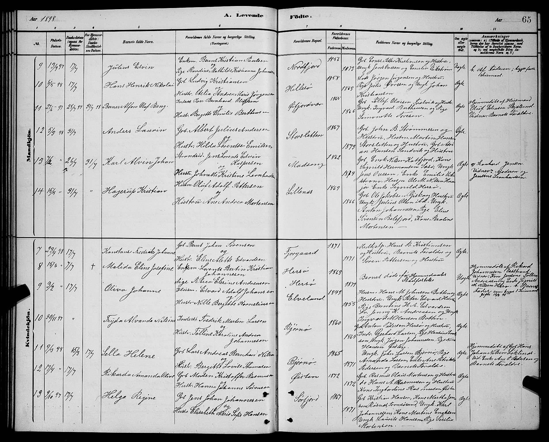 Lenvik sokneprestembete, AV/SATØ-S-1310/H/Ha/Hab/L0021klokker: Parish register (copy) no. 21, 1884-1900, p. 65