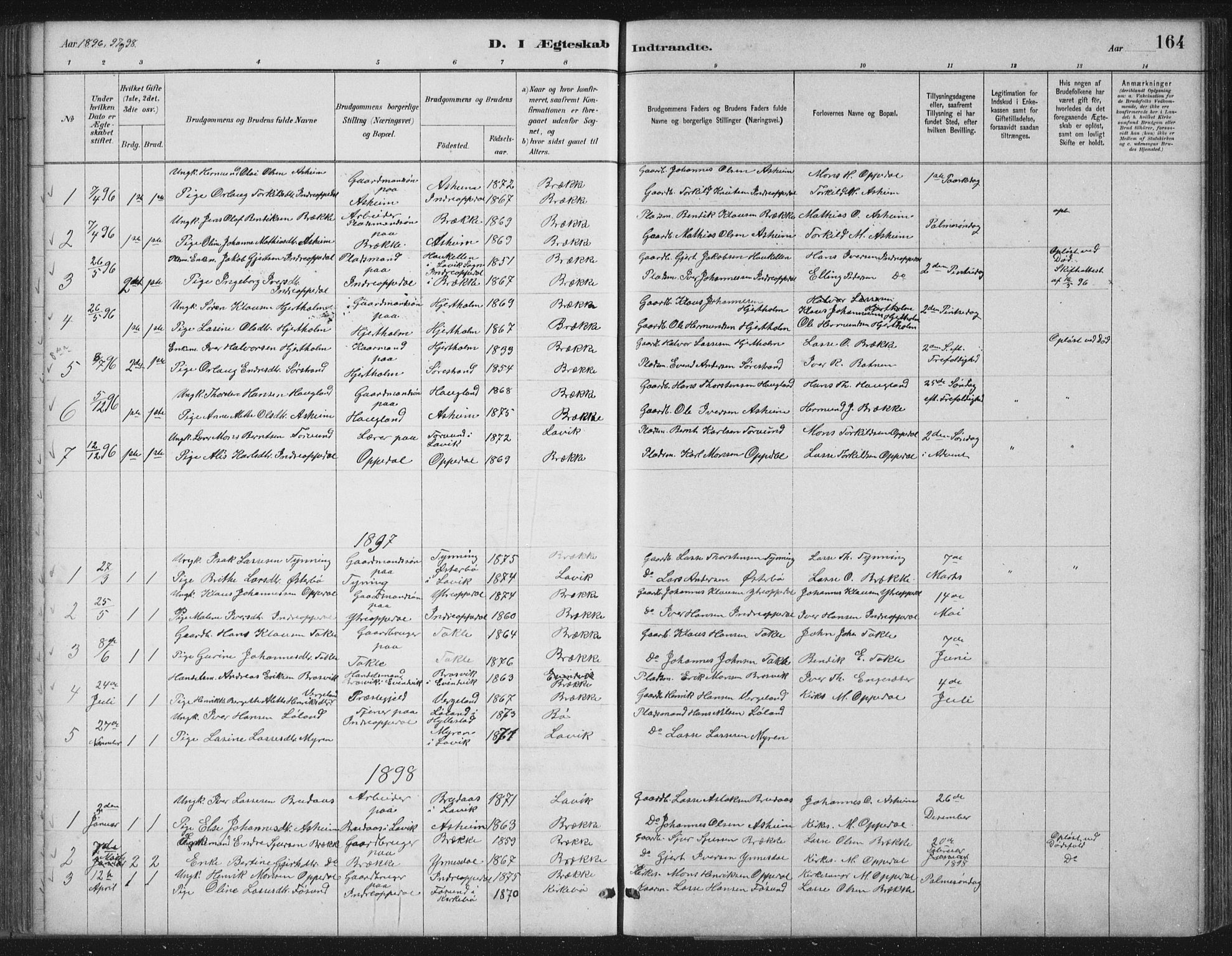 Gulen sokneprestembete, SAB/A-80201/H/Hab/Habc/L0002: Parish register (copy) no. C 2, 1880-1938, p. 164