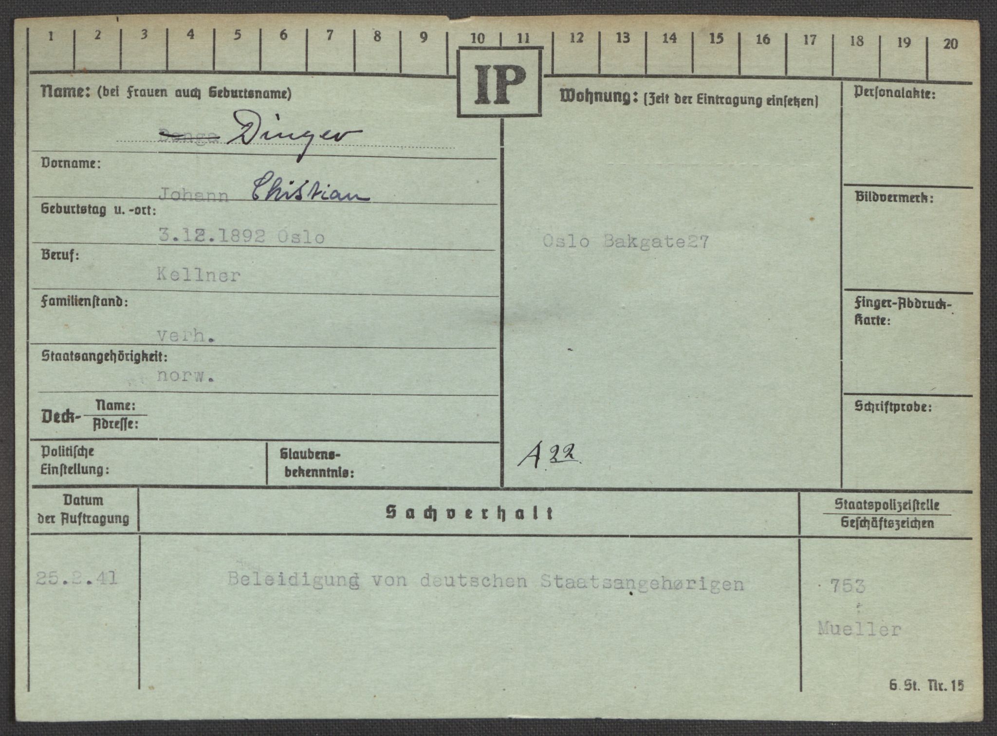 Befehlshaber der Sicherheitspolizei und des SD, AV/RA-RAFA-5969/E/Ea/Eaa/L0002: Register over norske fanger i Møllergata 19: Bj-Eng, 1940-1945, p. 1045