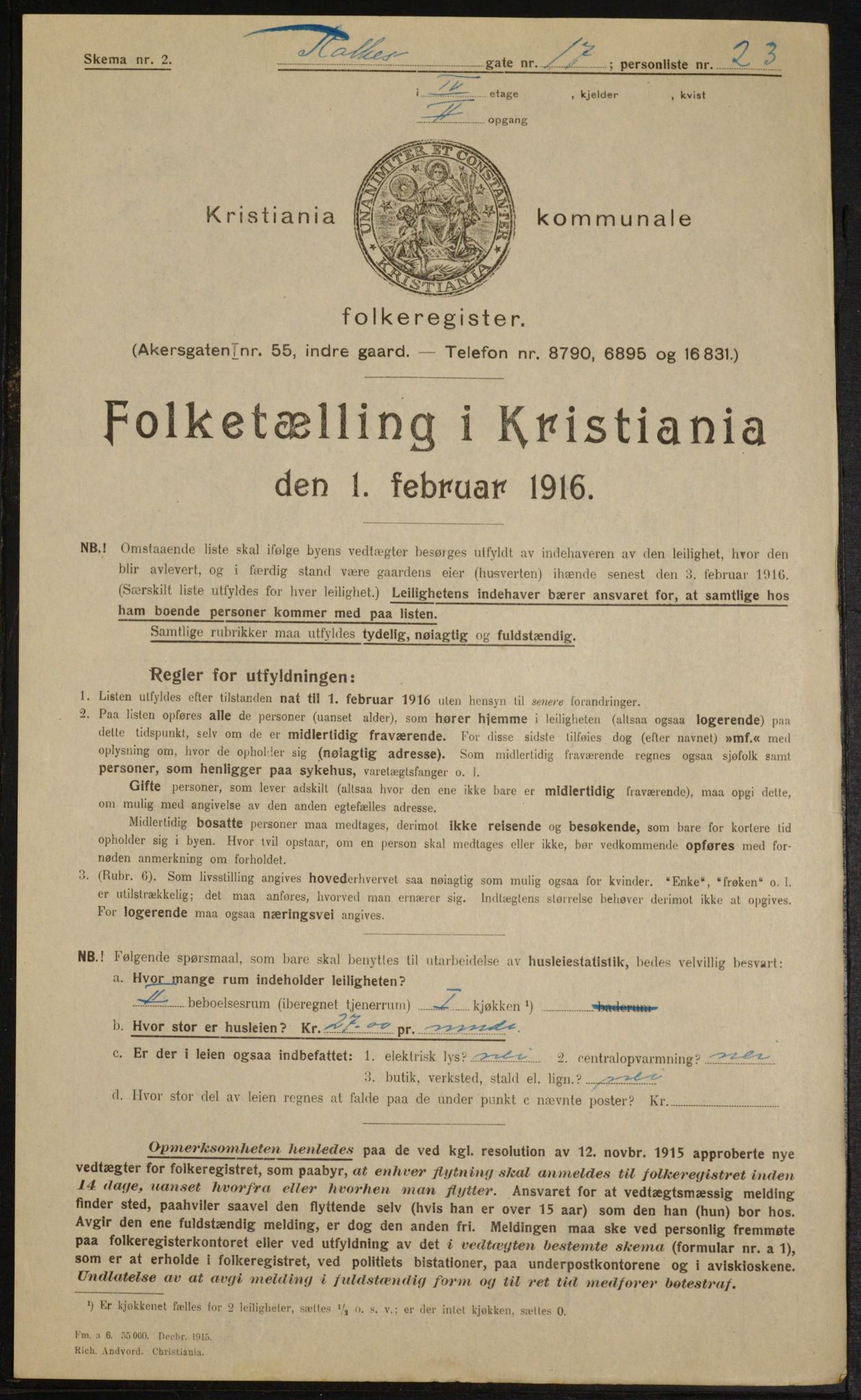 OBA, Municipal Census 1916 for Kristiania, 1916, p. 84800