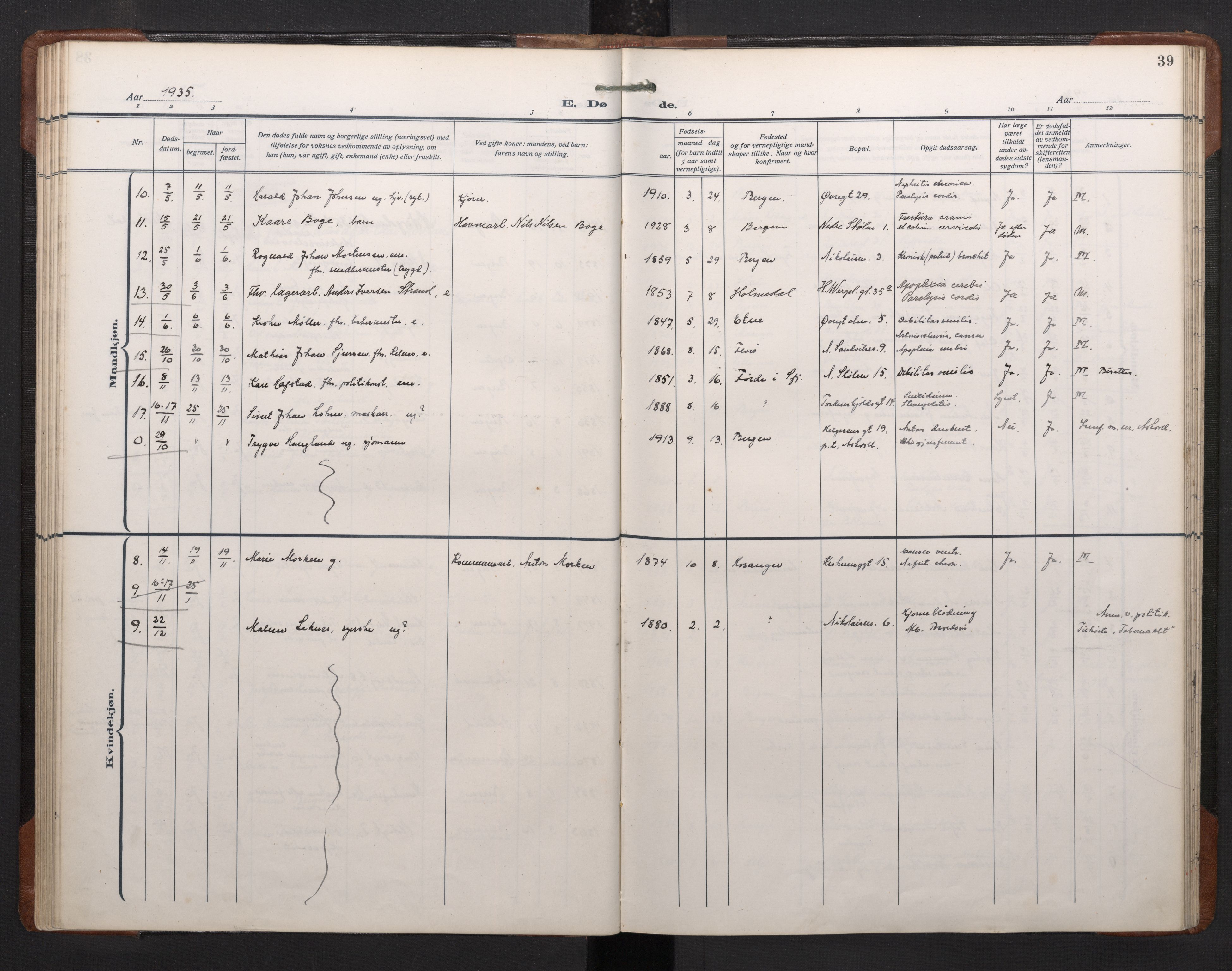 Mariakirken Sokneprestembete, SAB/A-76901/H/Haa/L0020: Parish register (official) no. E 1, 1918-1956, p. 38b-39a