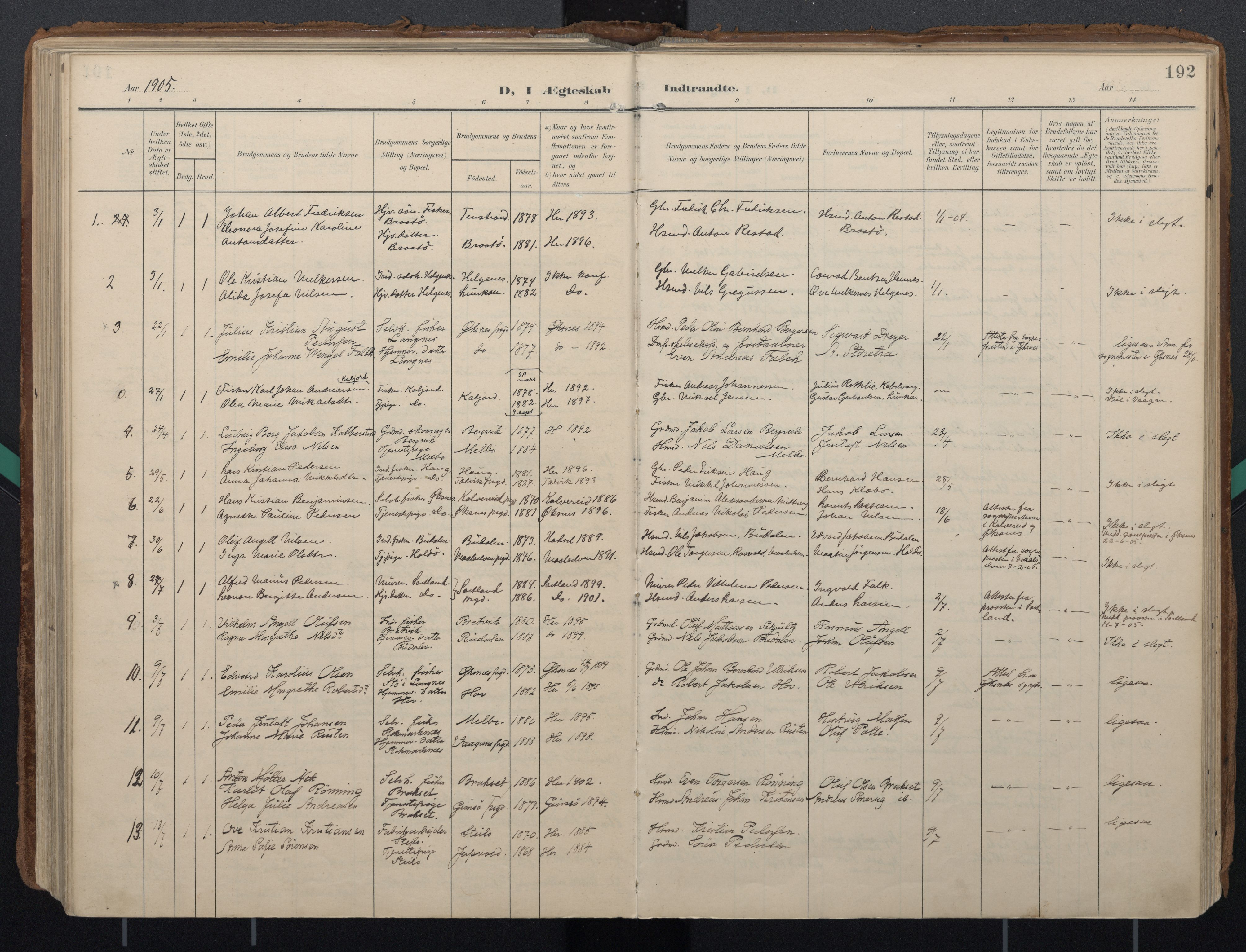 Ministerialprotokoller, klokkerbøker og fødselsregistre - Nordland, AV/SAT-A-1459/888/L1248: Parish register (official) no. 888A14, 1904-1913, p. 192