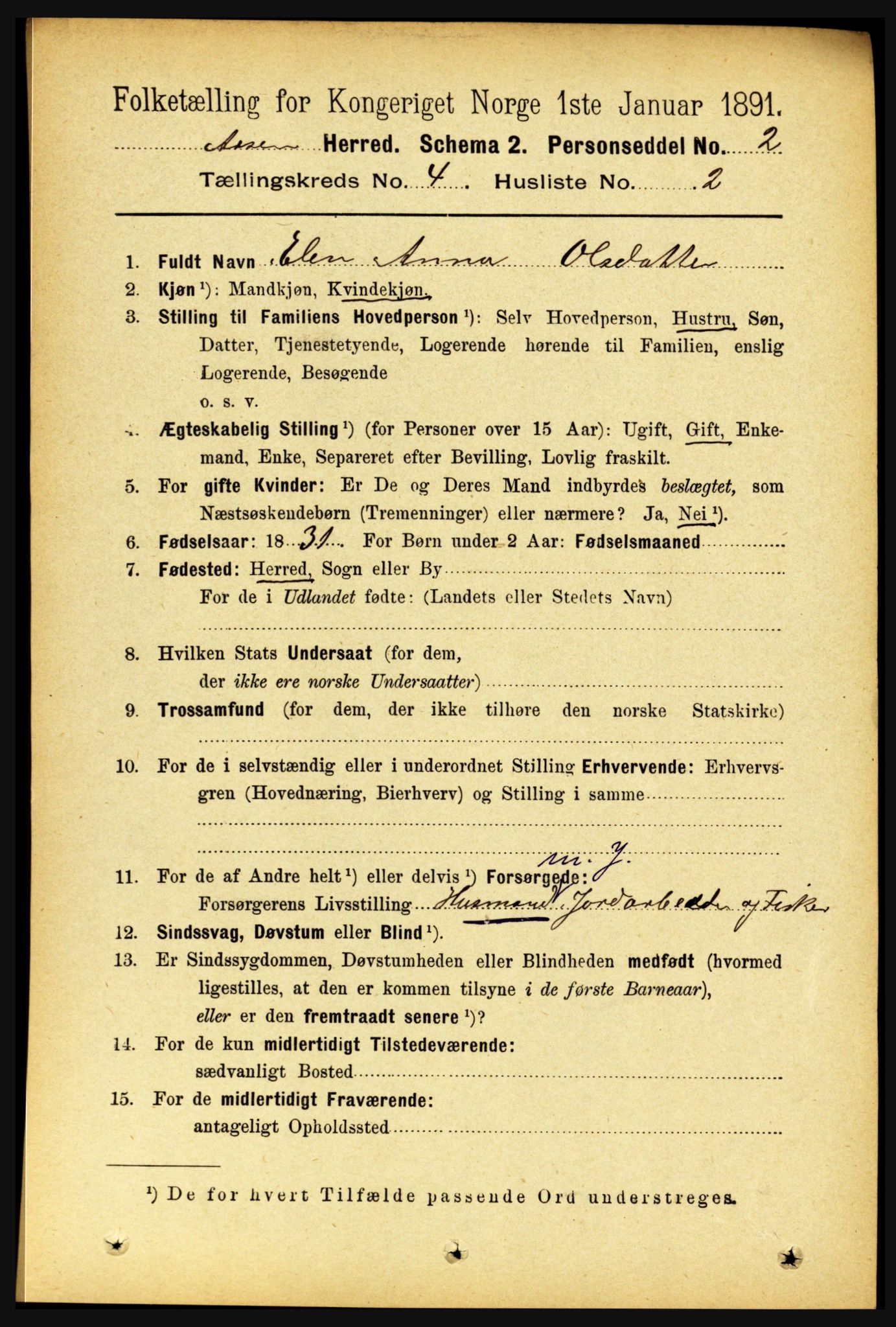 RA, 1891 census for 1716 Åsen, 1891, p. 1424