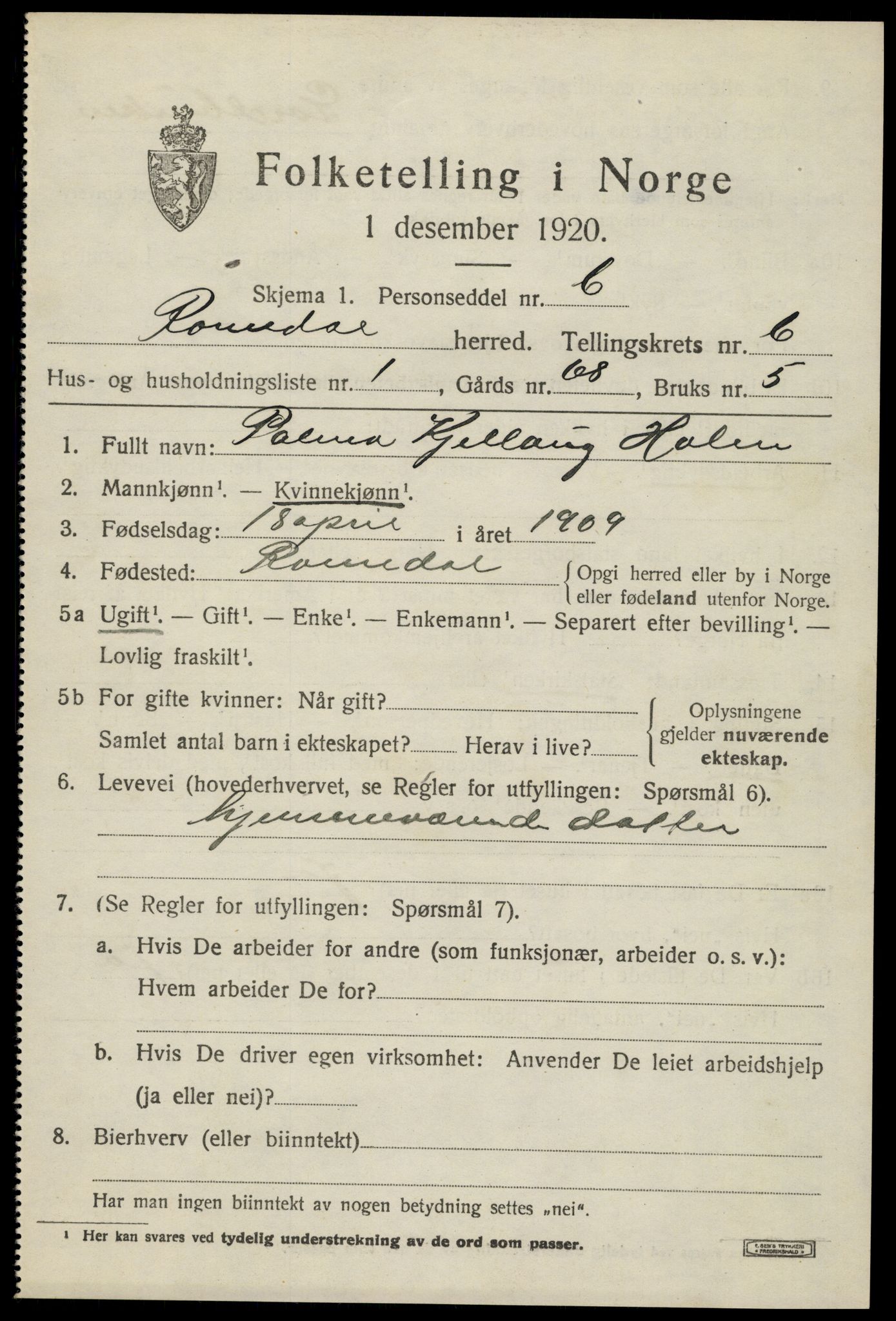 SAH, 1920 census for Romedal, 1920, p. 7783