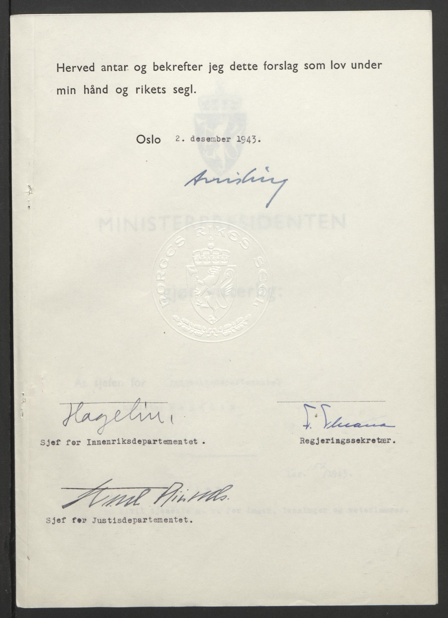 NS-administrasjonen 1940-1945 (Statsrådsekretariatet, de kommisariske statsråder mm), RA/S-4279/D/Db/L0099: Lover, 1943, p. 748