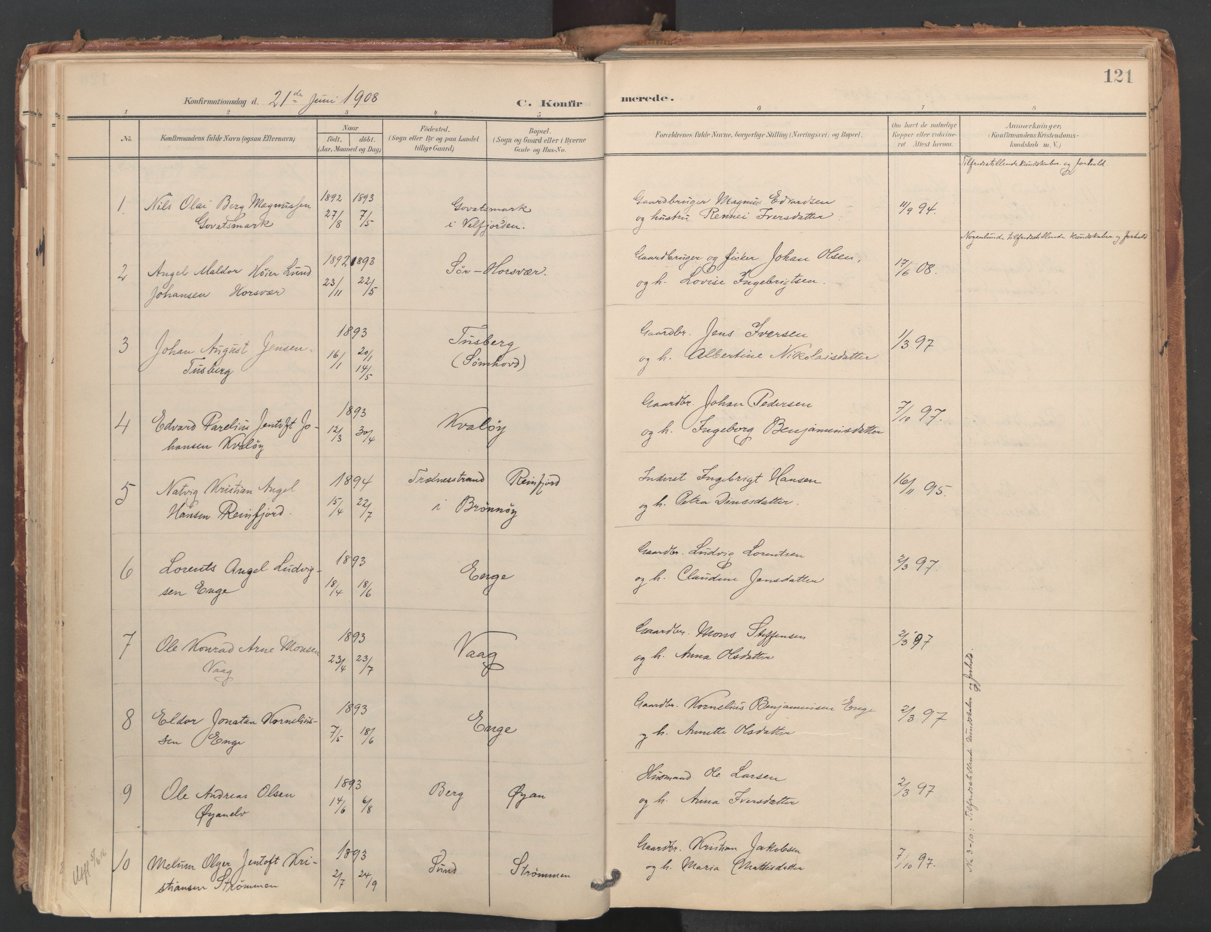 Ministerialprotokoller, klokkerbøker og fødselsregistre - Nordland, SAT/A-1459/812/L0180: Parish register (official) no. 812A09, 1901-1915, p. 121