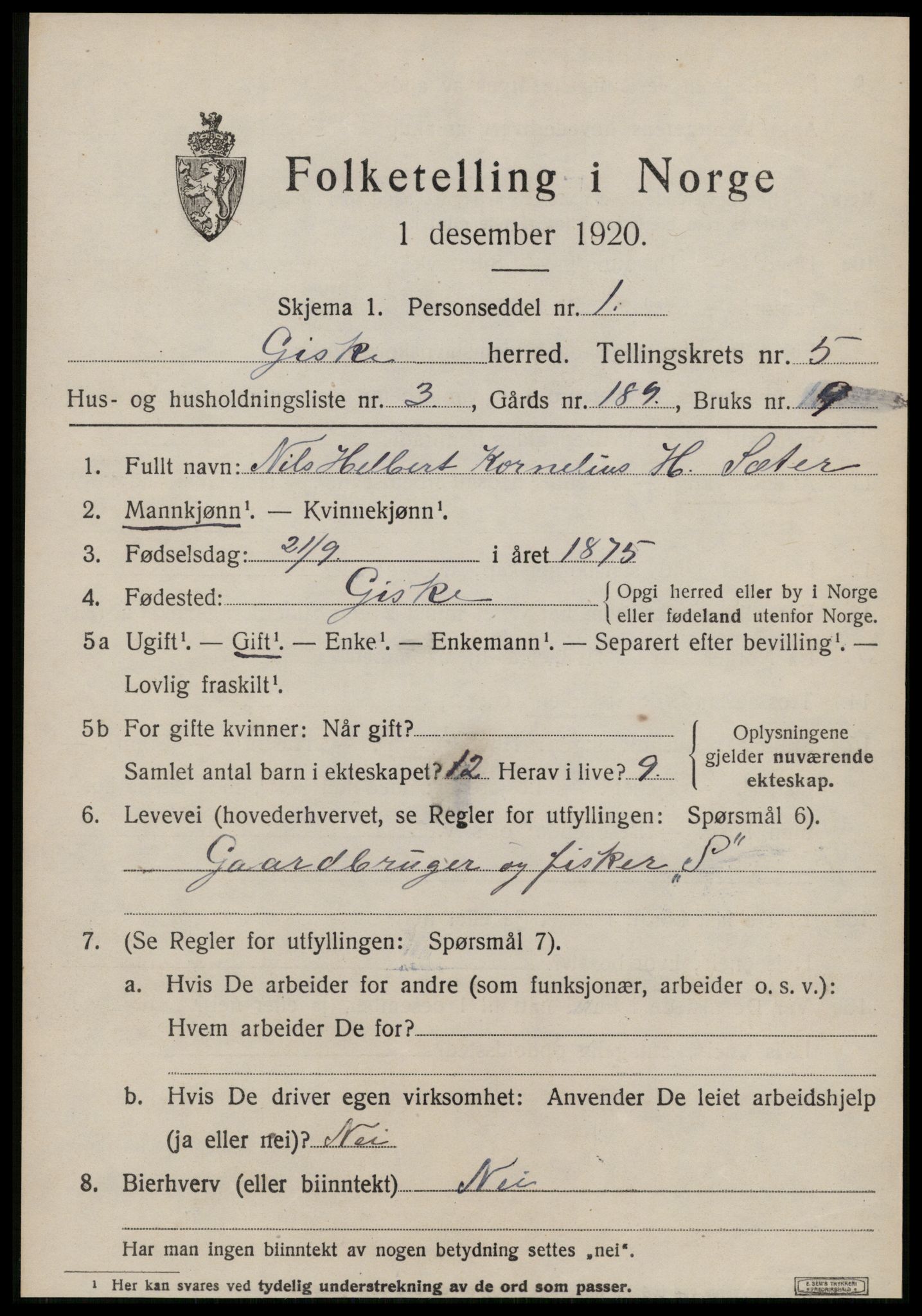 SAT, 1920 census for Giske, 1920, p. 3650