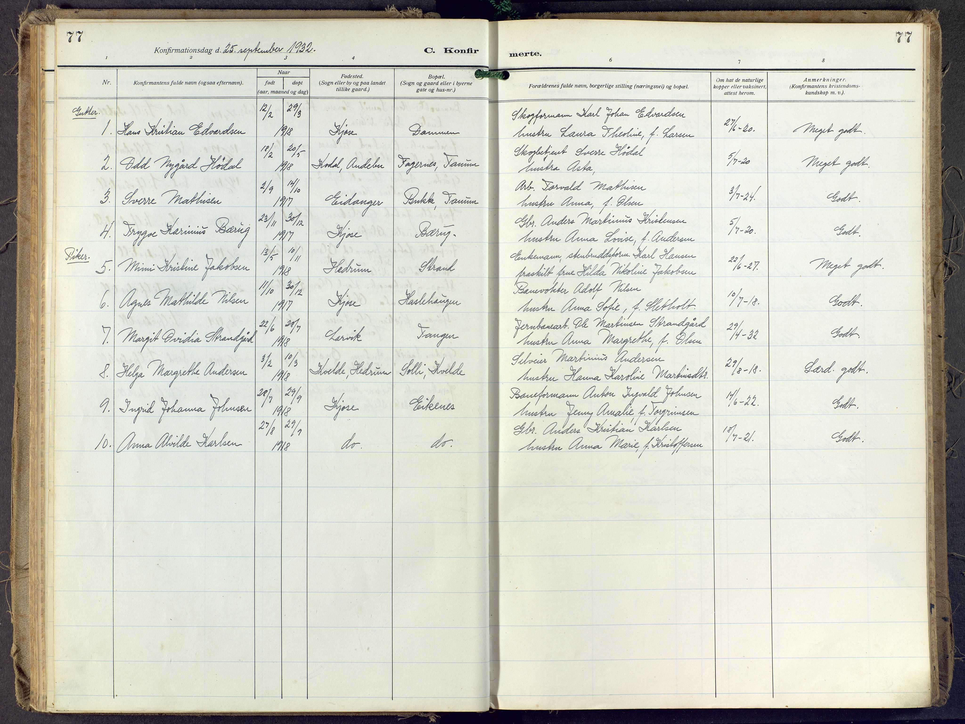 Brunlanes kirkebøker, SAKO/A-342/F/Fd/L0002: Parish register (official) no. IV 2, 1918-1958, p. 77