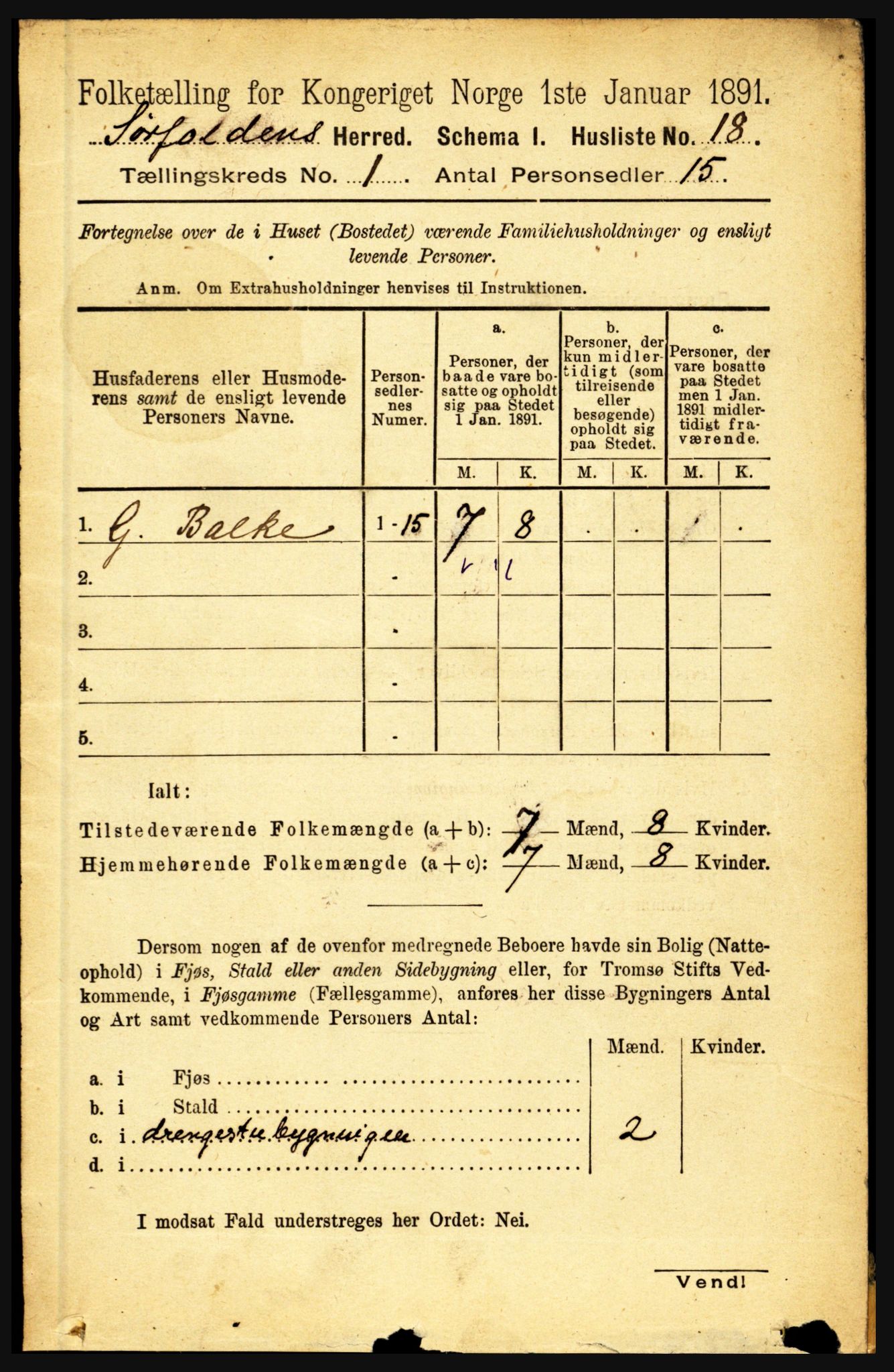 RA, 1891 census for 1845 Sørfold, 1891, p. 43