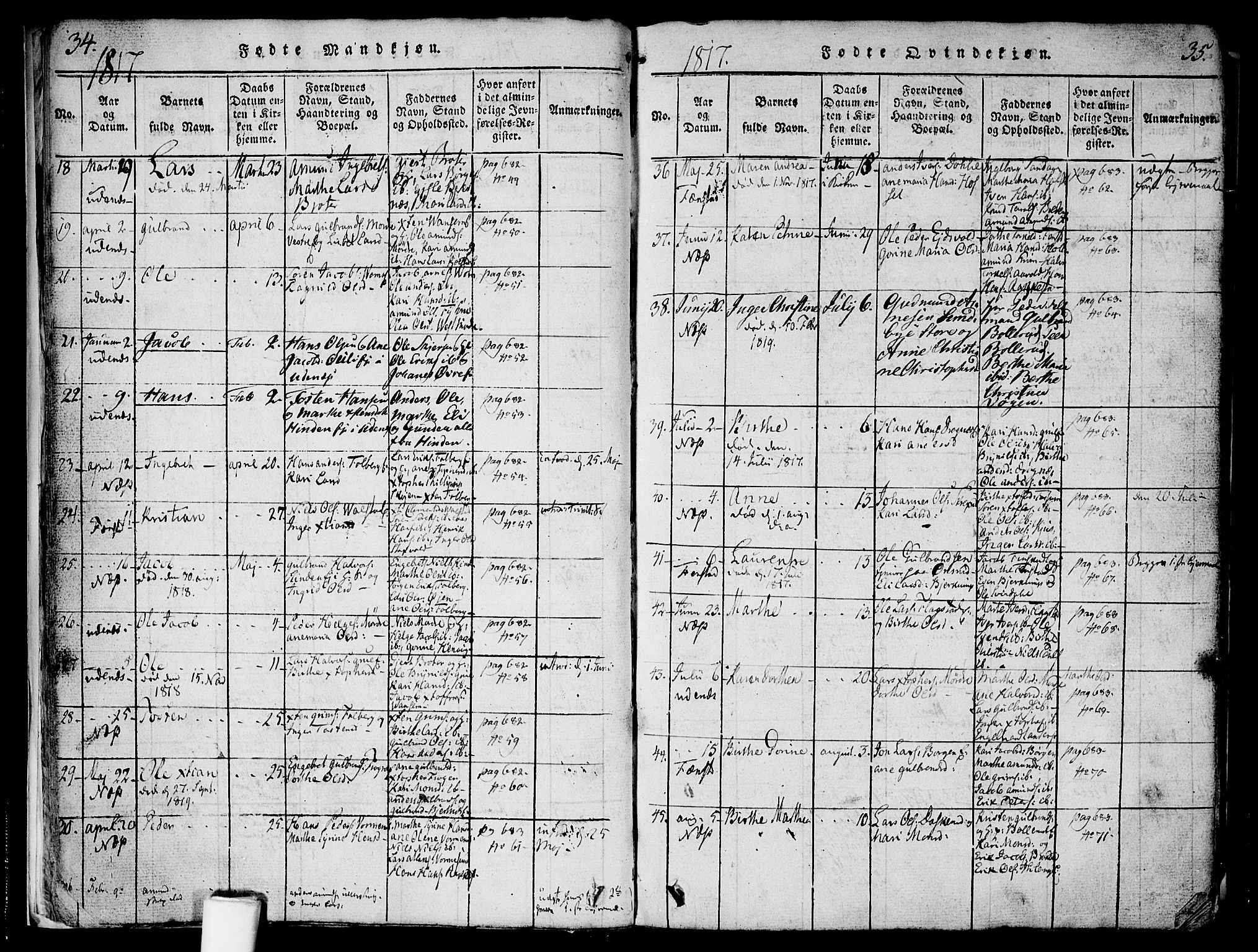 Nes prestekontor Kirkebøker, AV/SAO-A-10410/F/Fa/L0005: Parish register (official) no. I 5, 1815-1835, p. 34-35