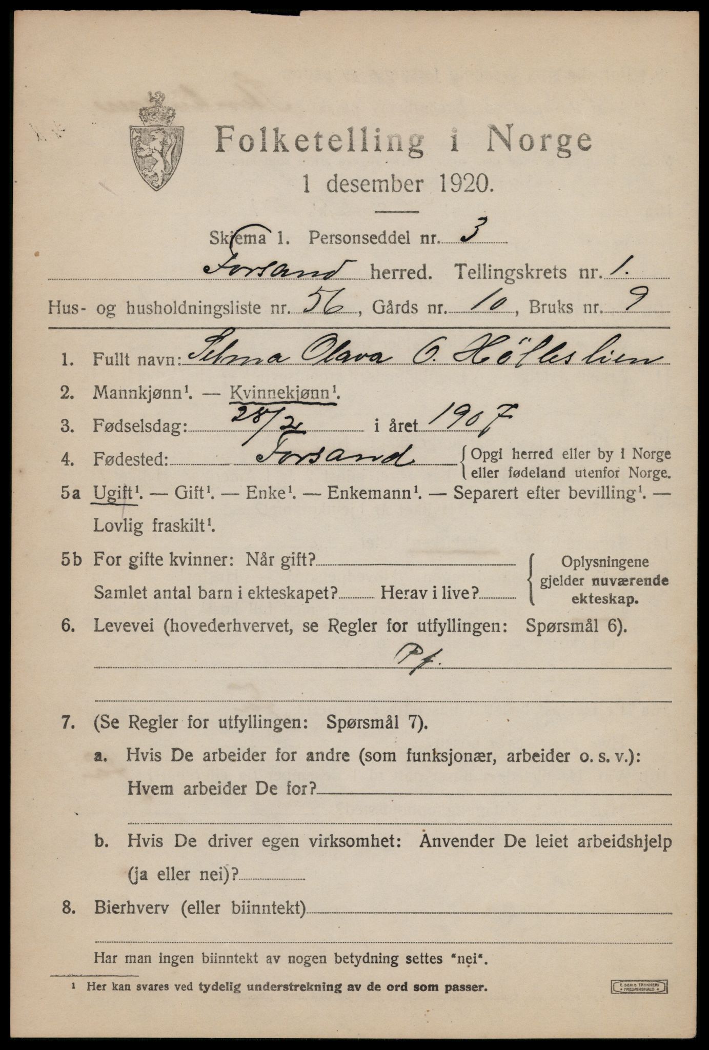 SAST, 1920 census for Forsand, 1920, p. 1211