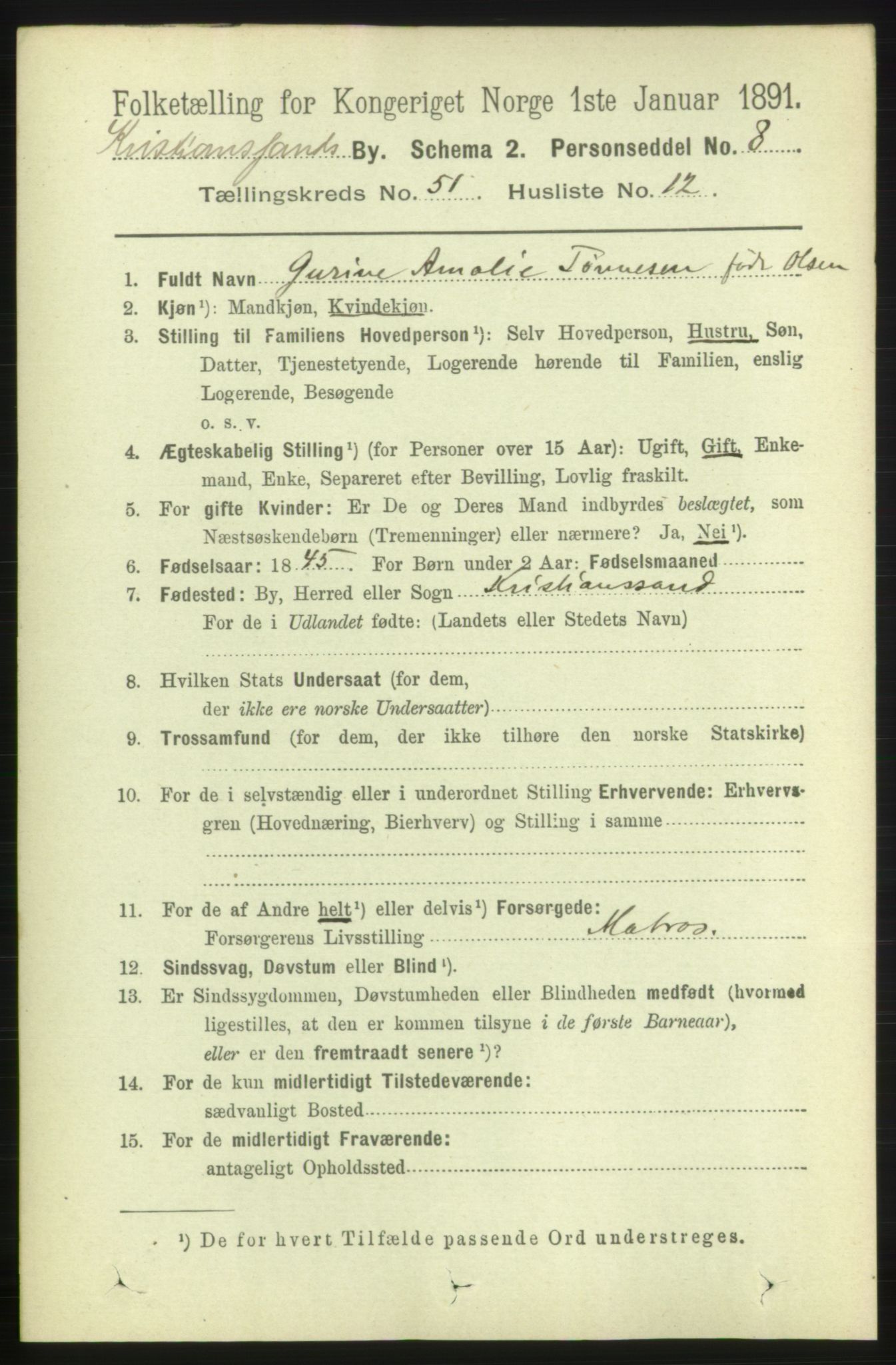 RA, 1891 census for 1001 Kristiansand, 1891, p. 15131