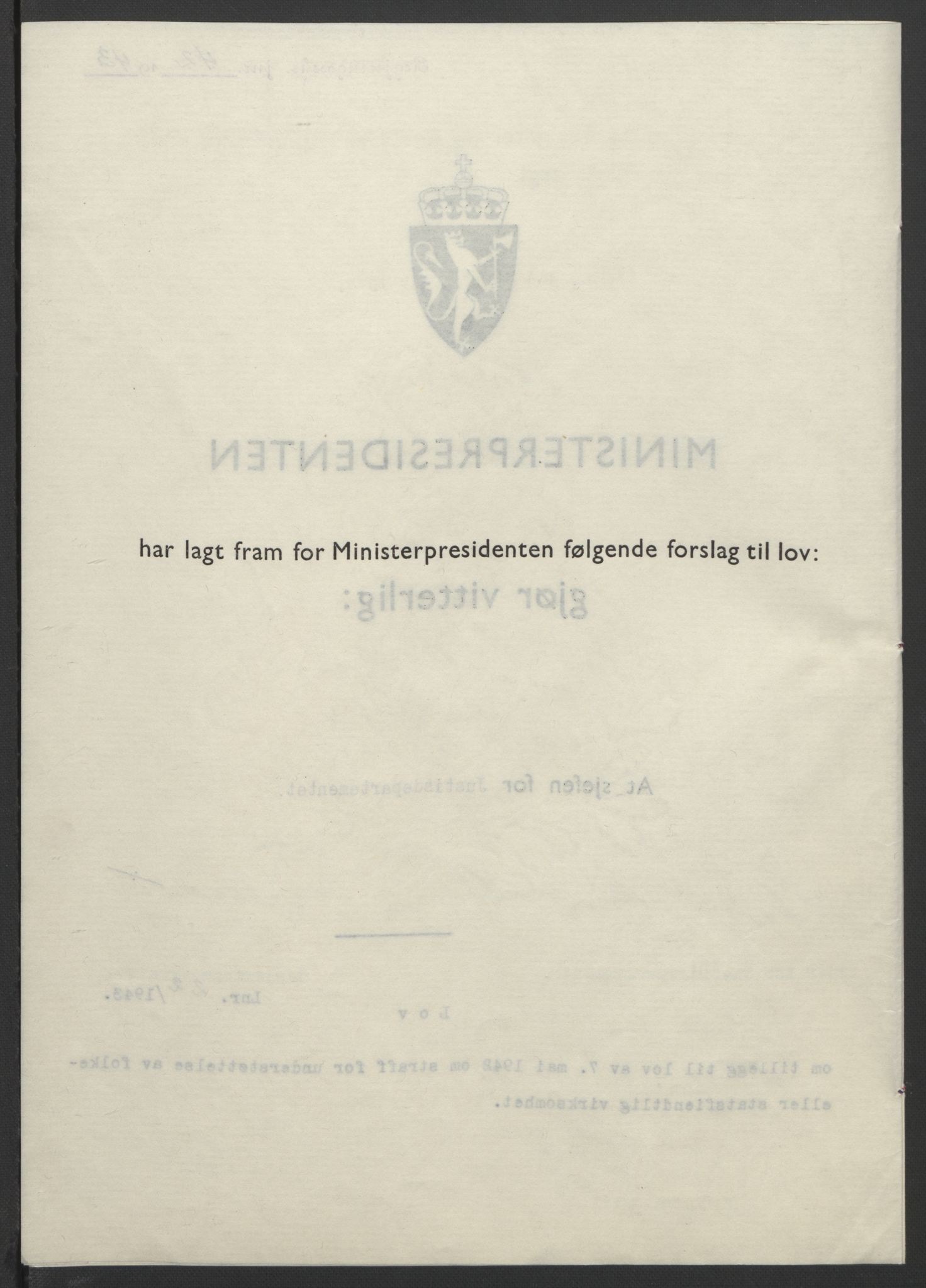 NS-administrasjonen 1940-1945 (Statsrådsekretariatet, de kommisariske statsråder mm), AV/RA-S-4279/D/Db/L0099: Lover, 1943, p. 90