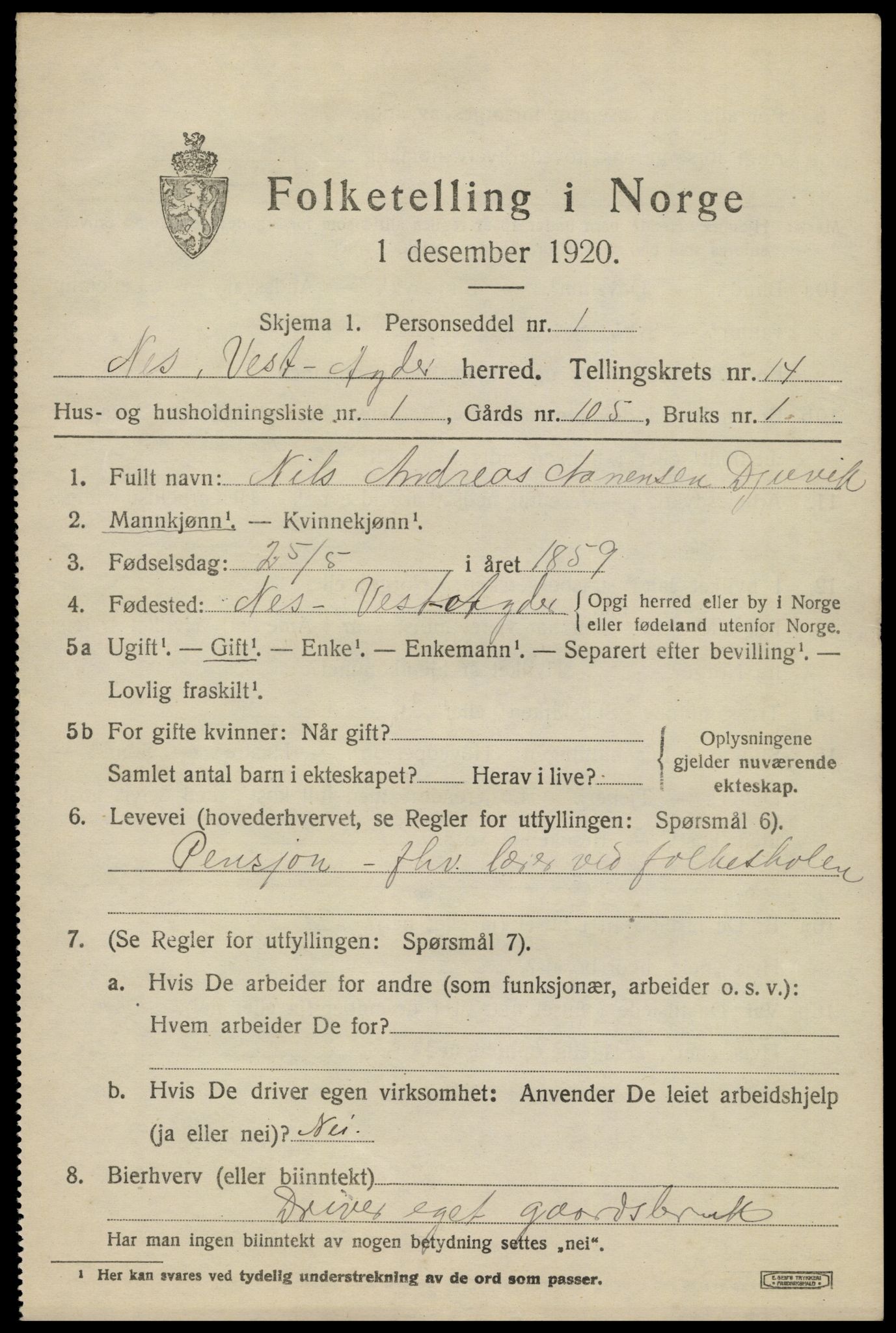 SAK, 1920 census for Nes (V-A), 1920, p. 5428