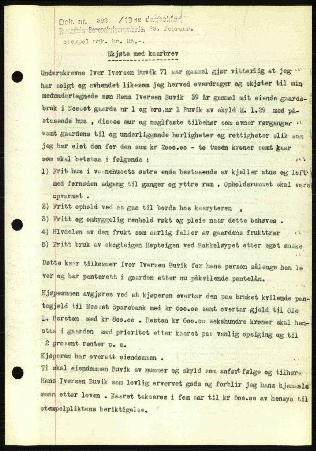 Romsdal sorenskriveri, AV/SAT-A-4149/1/2/2C: Mortgage book no. A11, 1941-1942, Diary no: : 392/1942