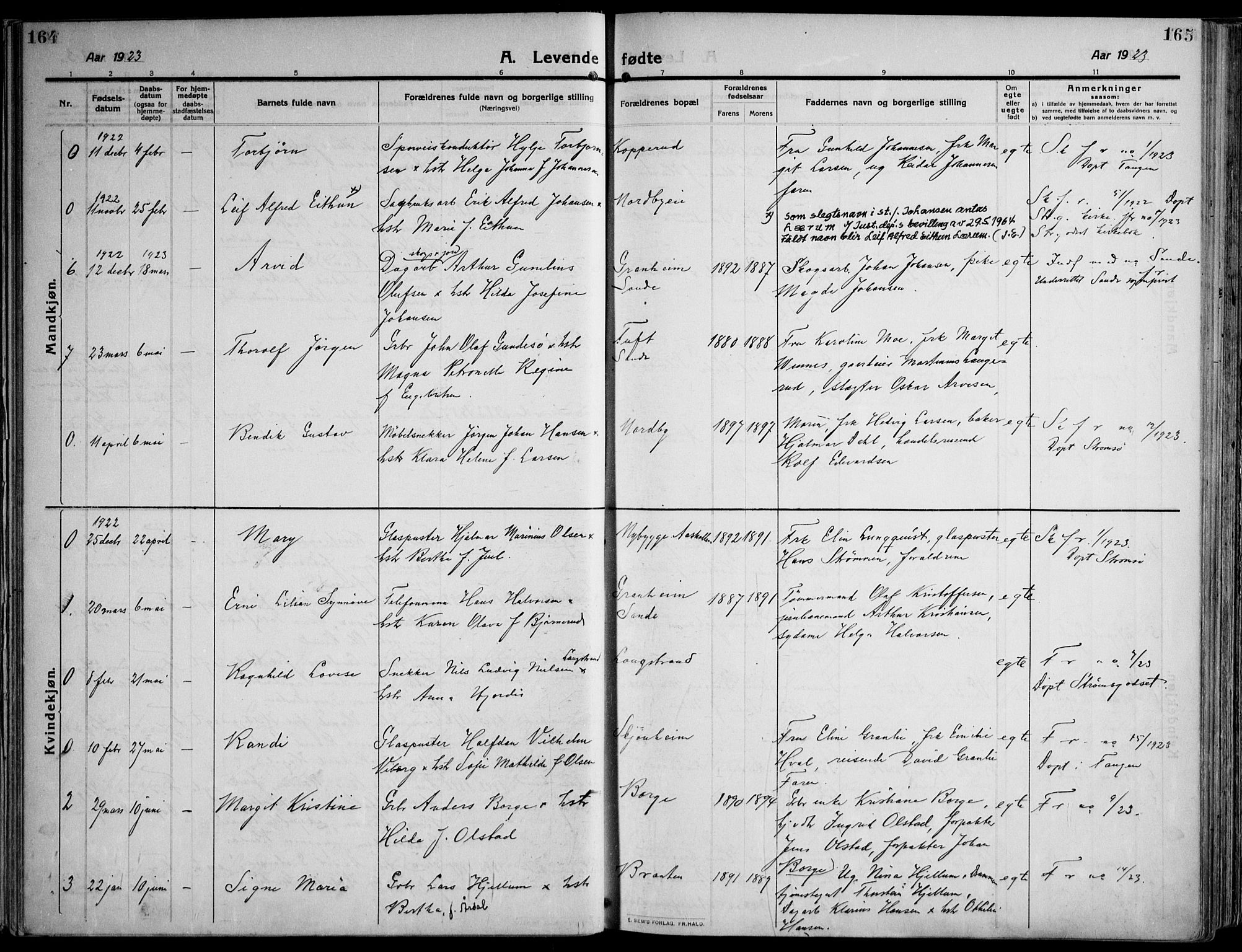 Skoger kirkebøker, SAKO/A-59/F/Fa/L0007: Parish register (official) no. I 7, 1911-1936, p. 164-165