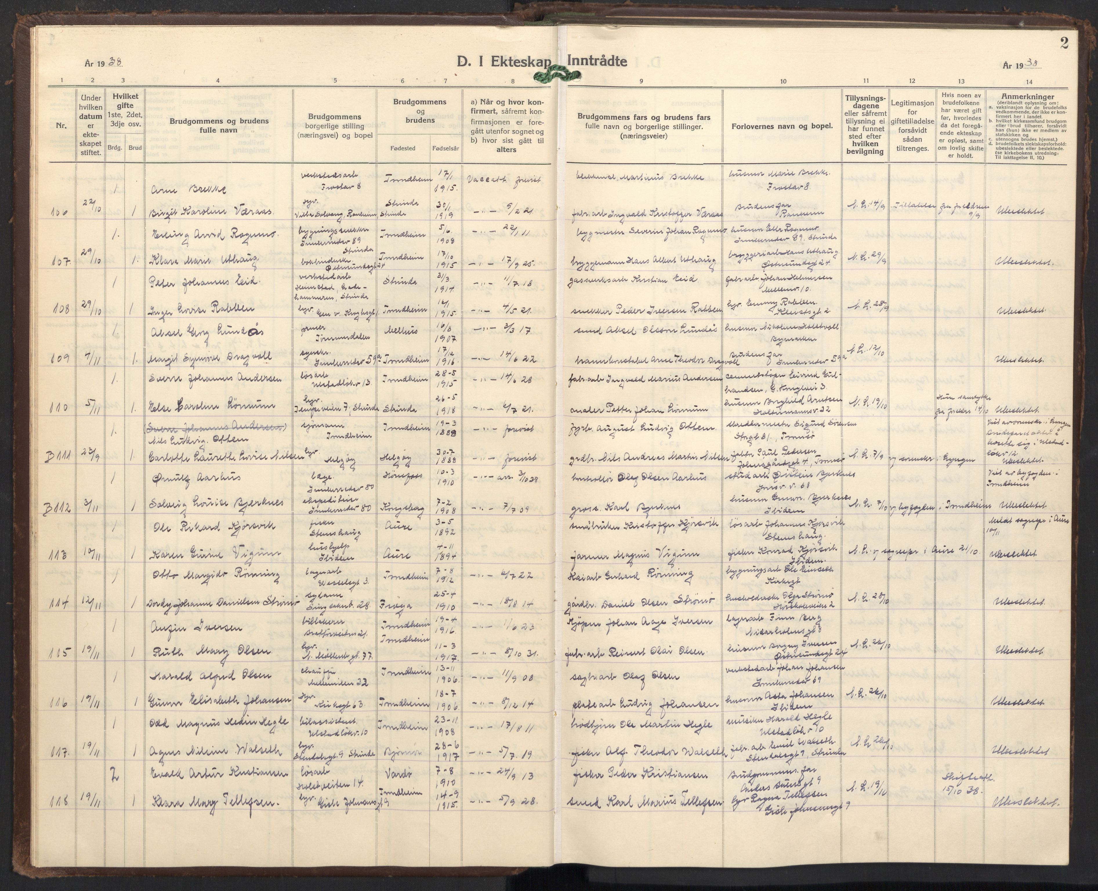 Ministerialprotokoller, klokkerbøker og fødselsregistre - Sør-Trøndelag, AV/SAT-A-1456/605/L0263: Parish register (copy) no. 605C10, 1938-1949, p. 2