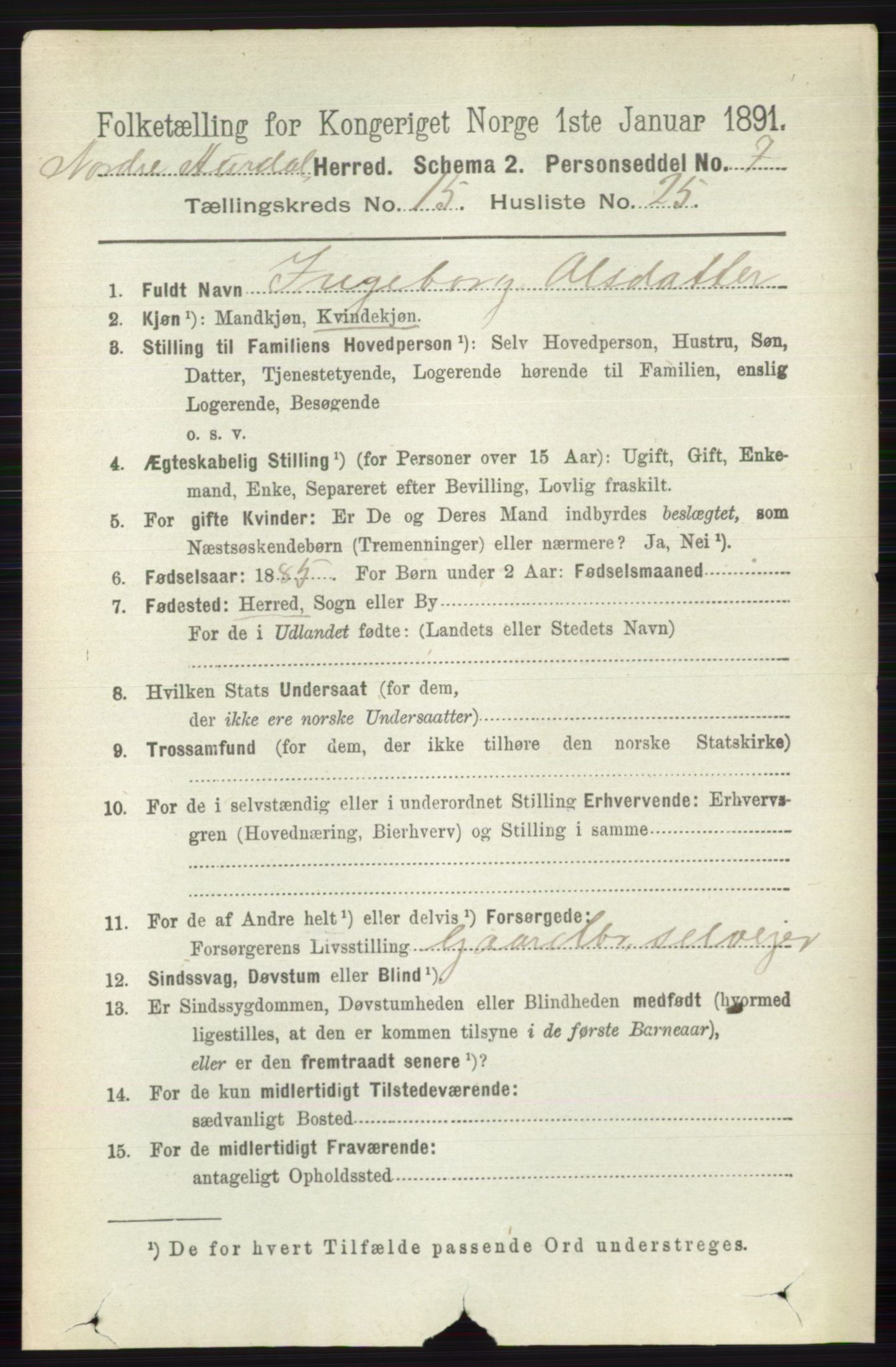 RA, 1891 census for 0542 Nord-Aurdal, 1891, p. 5874