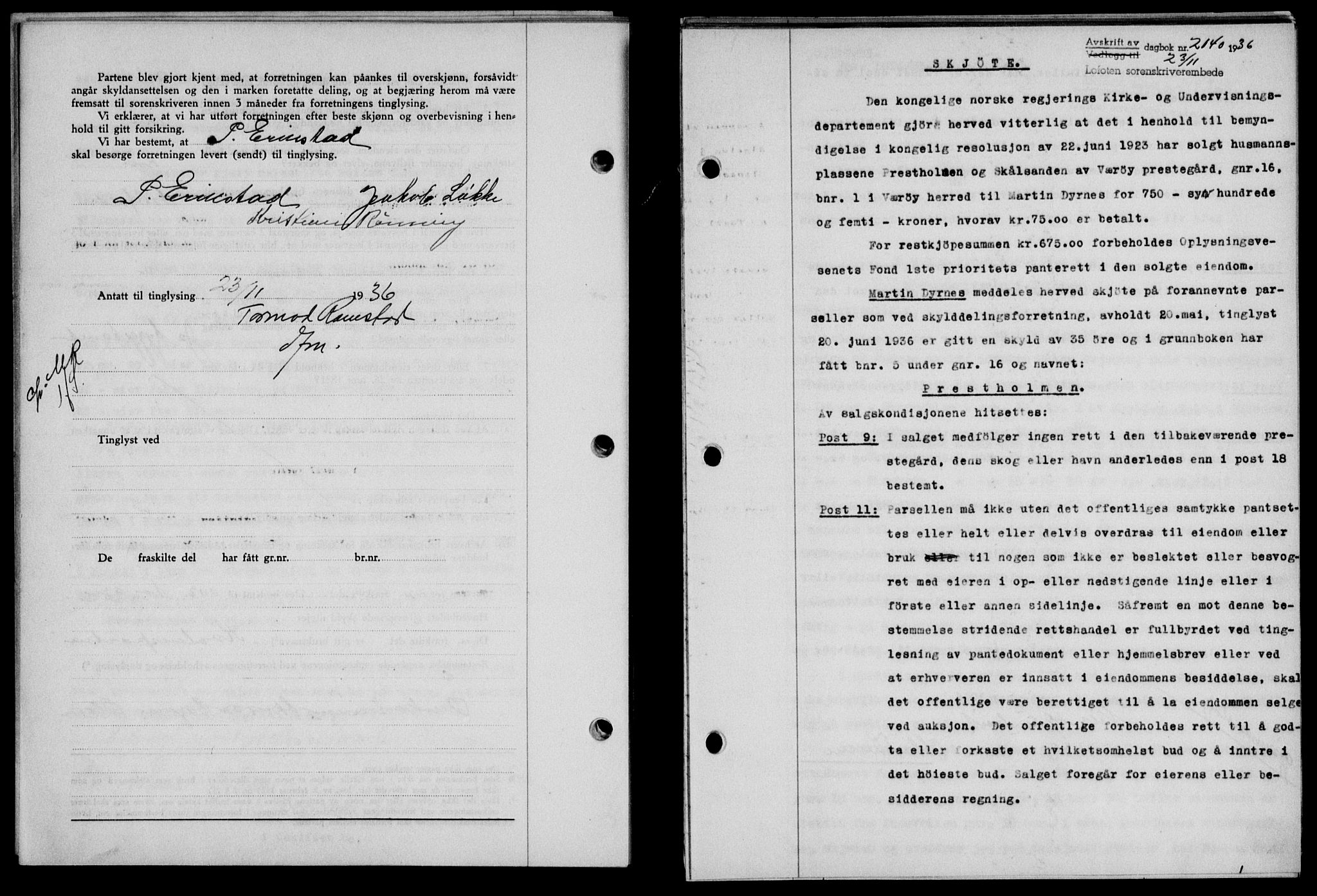 Lofoten sorenskriveri, SAT/A-0017/1/2/2C/L0001a: Mortgage book no. 1a, 1936-1937, Diary no: : 2140/1936