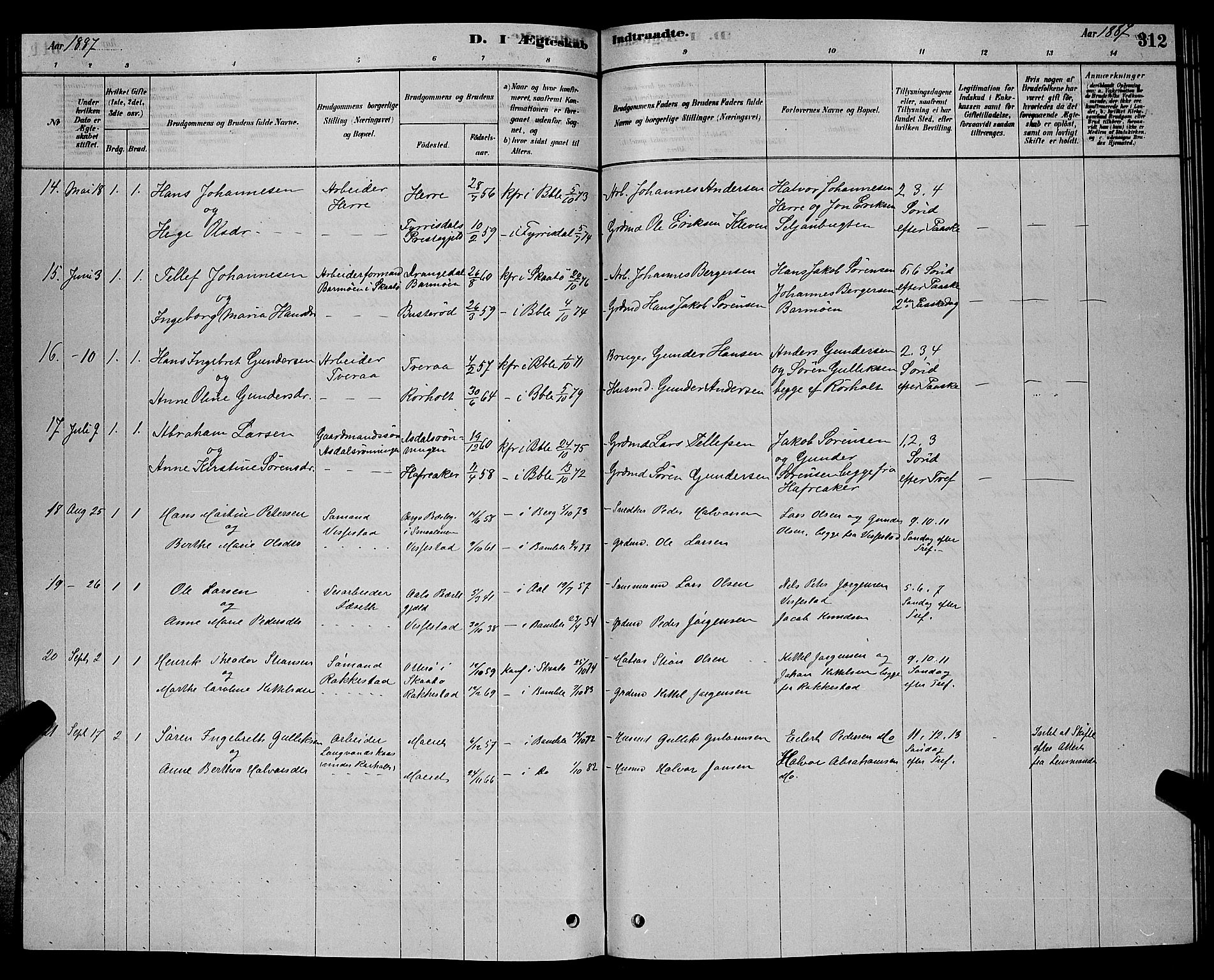 Bamble kirkebøker, AV/SAKO-A-253/G/Ga/L0008: Parish register (copy) no. I 8, 1878-1888, p. 312