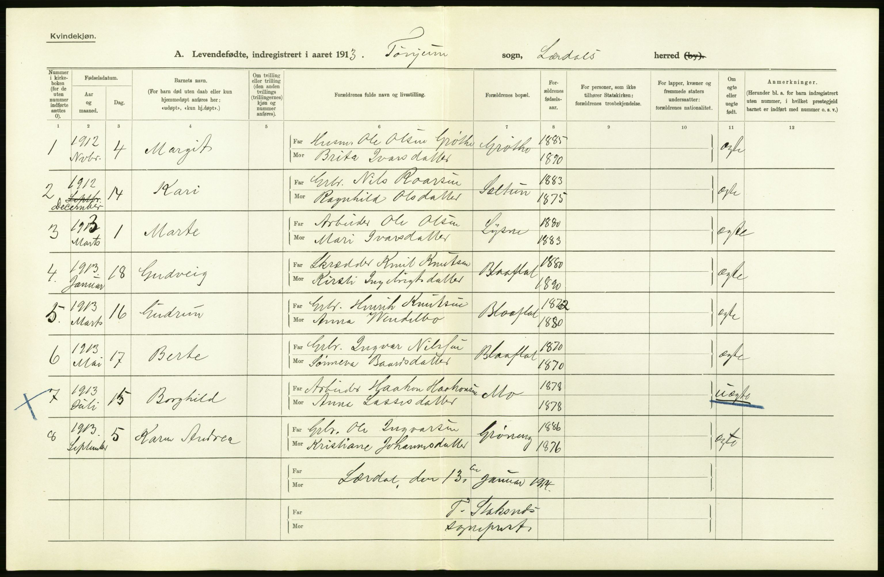 Statistisk sentralbyrå, Sosiodemografiske emner, Befolkning, AV/RA-S-2228/D/Df/Dfb/Dfbc/L0032: N. Bergenhus amt: Levendefødte menn og kvinner. Bygder., 1913, p. 2