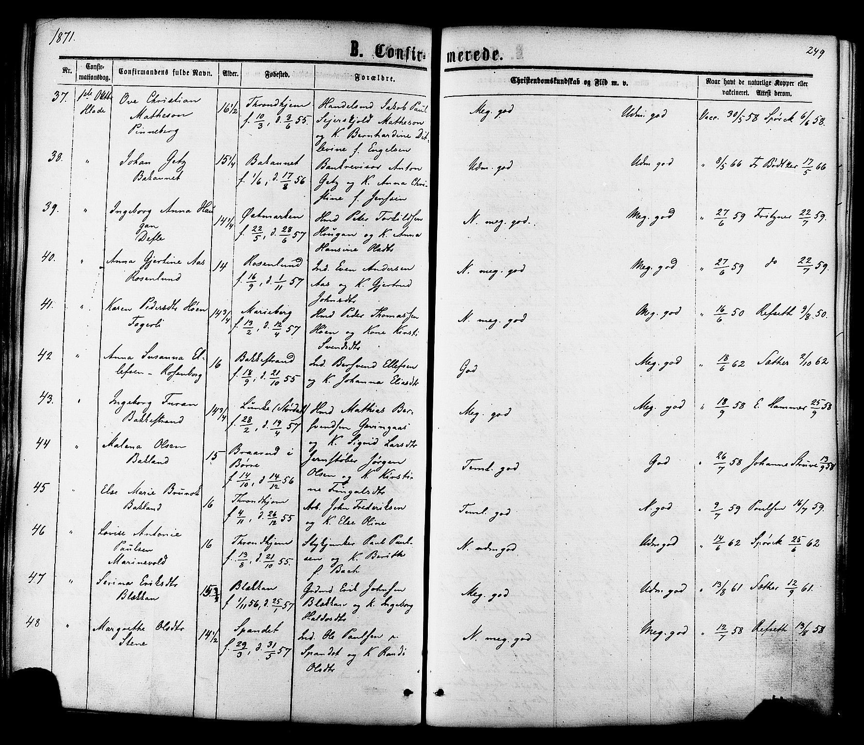 Ministerialprotokoller, klokkerbøker og fødselsregistre - Sør-Trøndelag, AV/SAT-A-1456/606/L0293: Parish register (official) no. 606A08, 1866-1877, p. 249