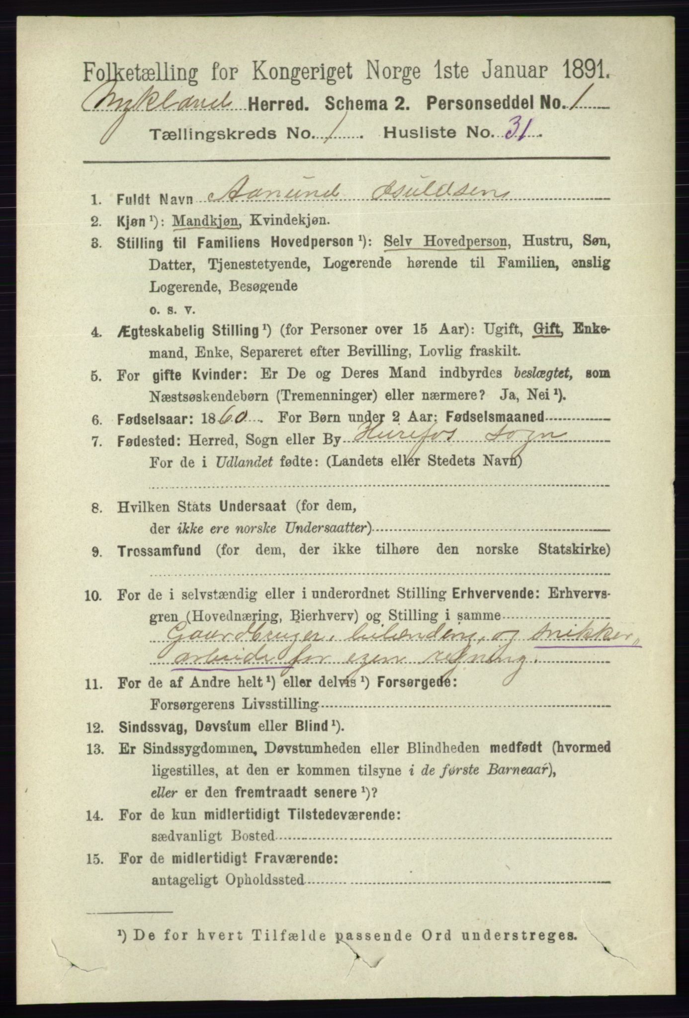 RA, 1891 census for 0932 Mykland, 1891, p. 268