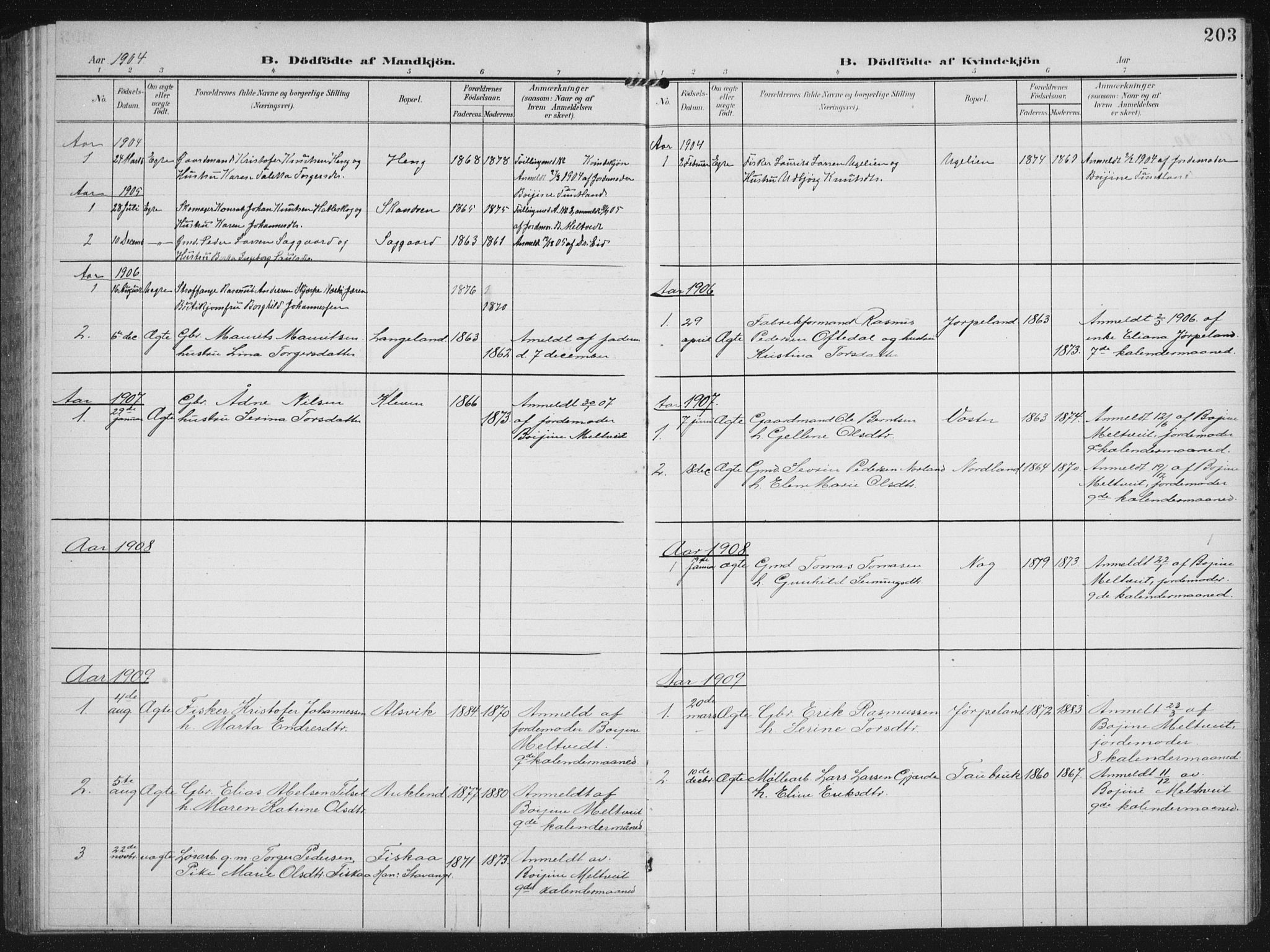 Strand sokneprestkontor, SAST/A-101828/H/Ha/Hab/L0005: Parish register (copy) no. B 5, 1904-1934, p. 203