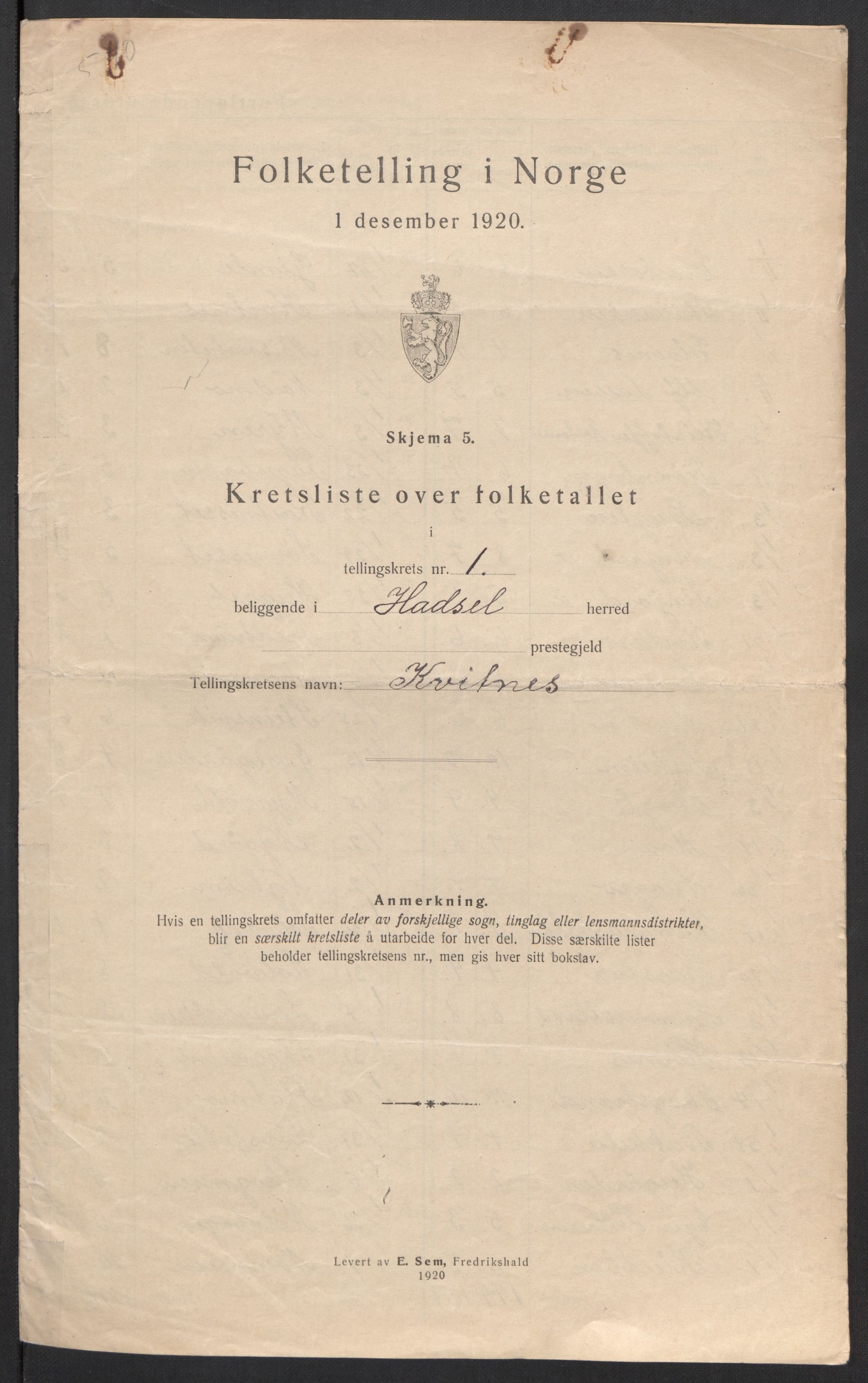 SAT, 1920 census for Hadsel, 1920, p. 11