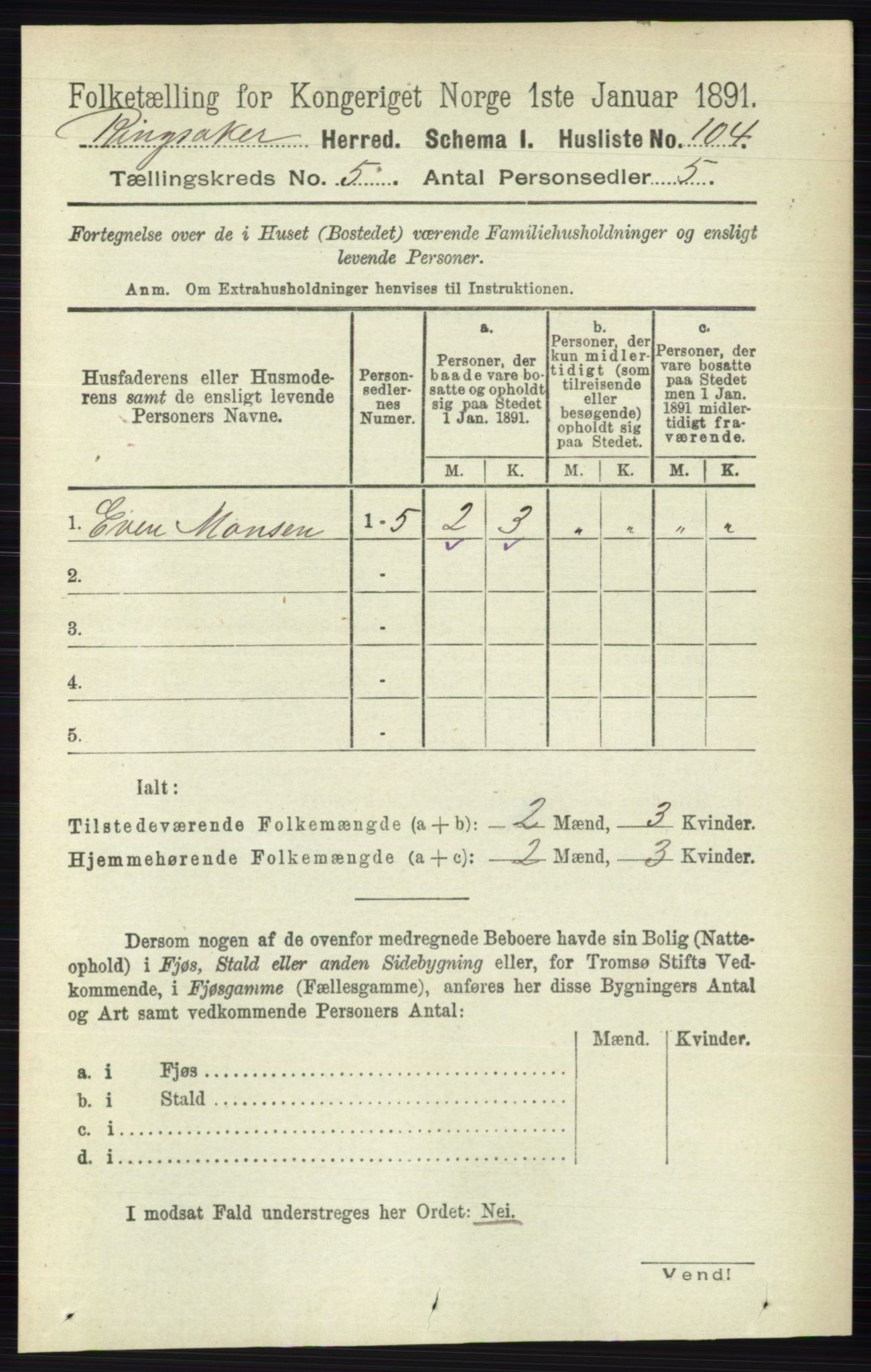 RA, 1891 census for 0412 Ringsaker, 1891, p. 2399