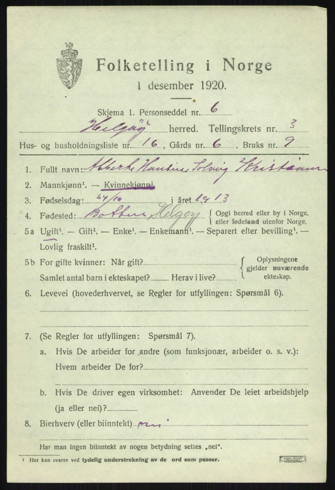 SATØ, 1920 census for Helgøy, 1920, p. 1595