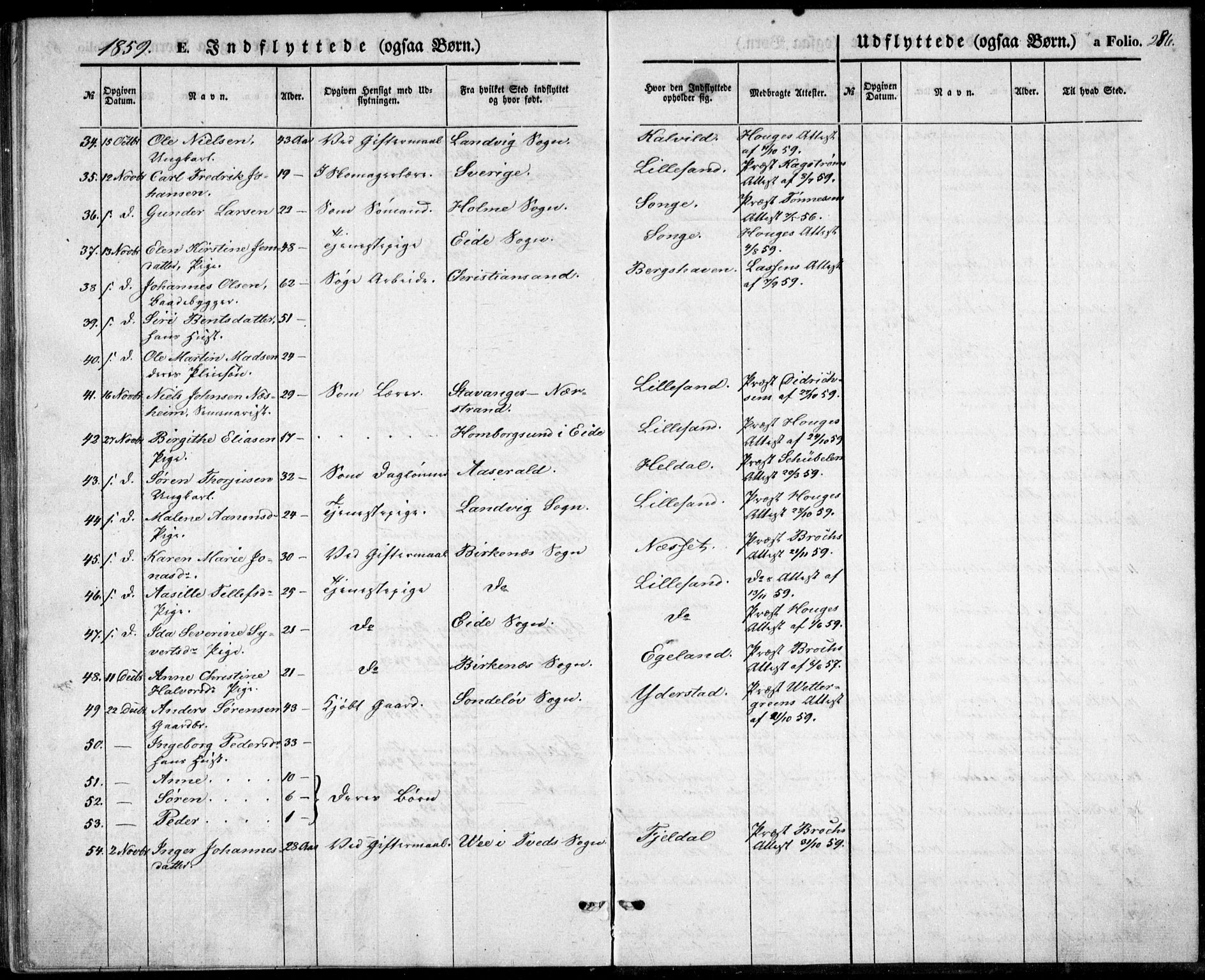 Vestre Moland sokneprestkontor, AV/SAK-1111-0046/F/Fb/Fbb/L0003: Parish register (copy) no. B 3, 1851-1861, p. 286