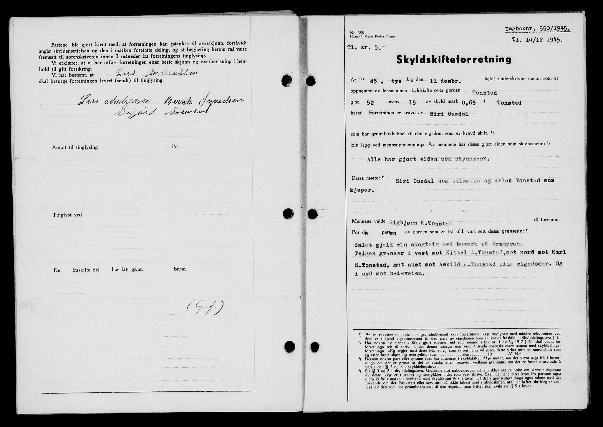 Flekkefjord sorenskriveri, SAK/1221-0001/G/Gb/Gba/L0060: Mortgage book no. A-8, 1945-1946, Diary no: : 550/1945