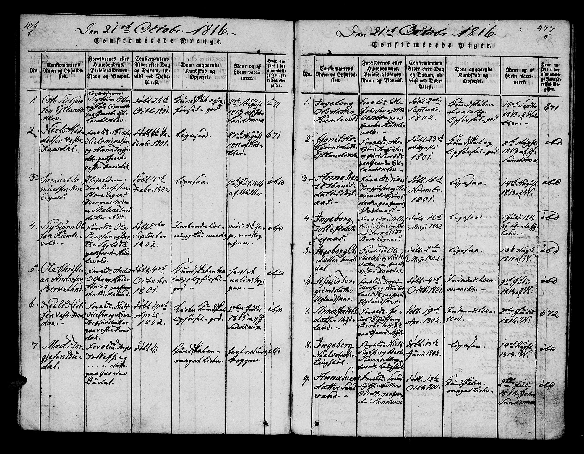 Bakke sokneprestkontor, AV/SAK-1111-0002/F/Fa/Fab/L0001: Parish register (official) no. A 1, 1815-1835, p. 476-477