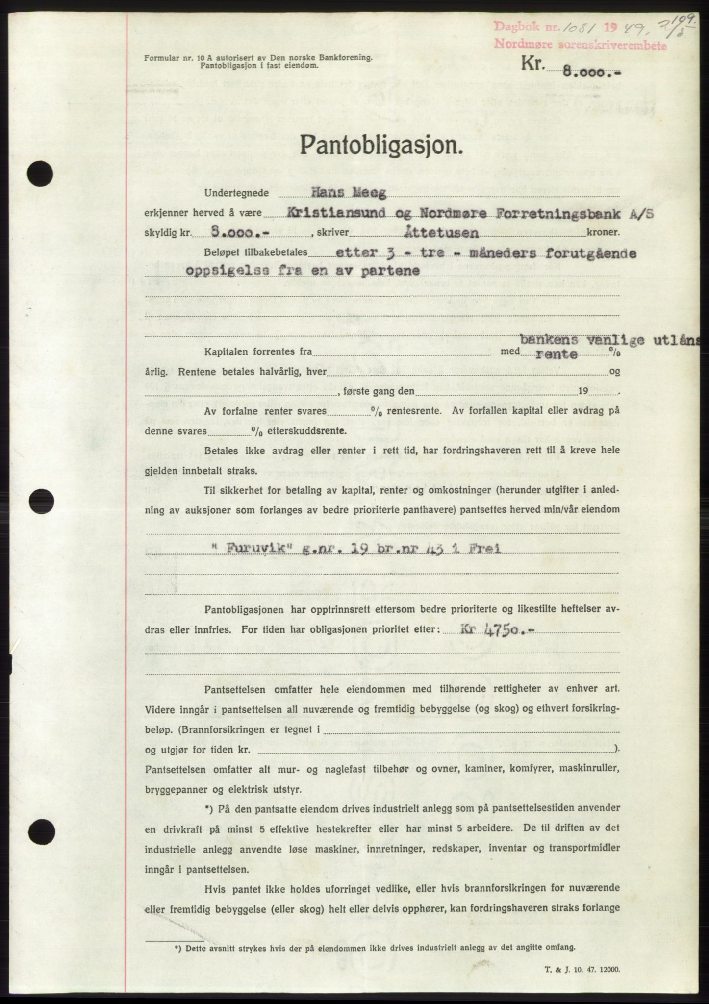 Nordmøre sorenskriveri, AV/SAT-A-4132/1/2/2Ca: Mortgage book no. B101, 1949-1949, Diary no: : 1081/1949