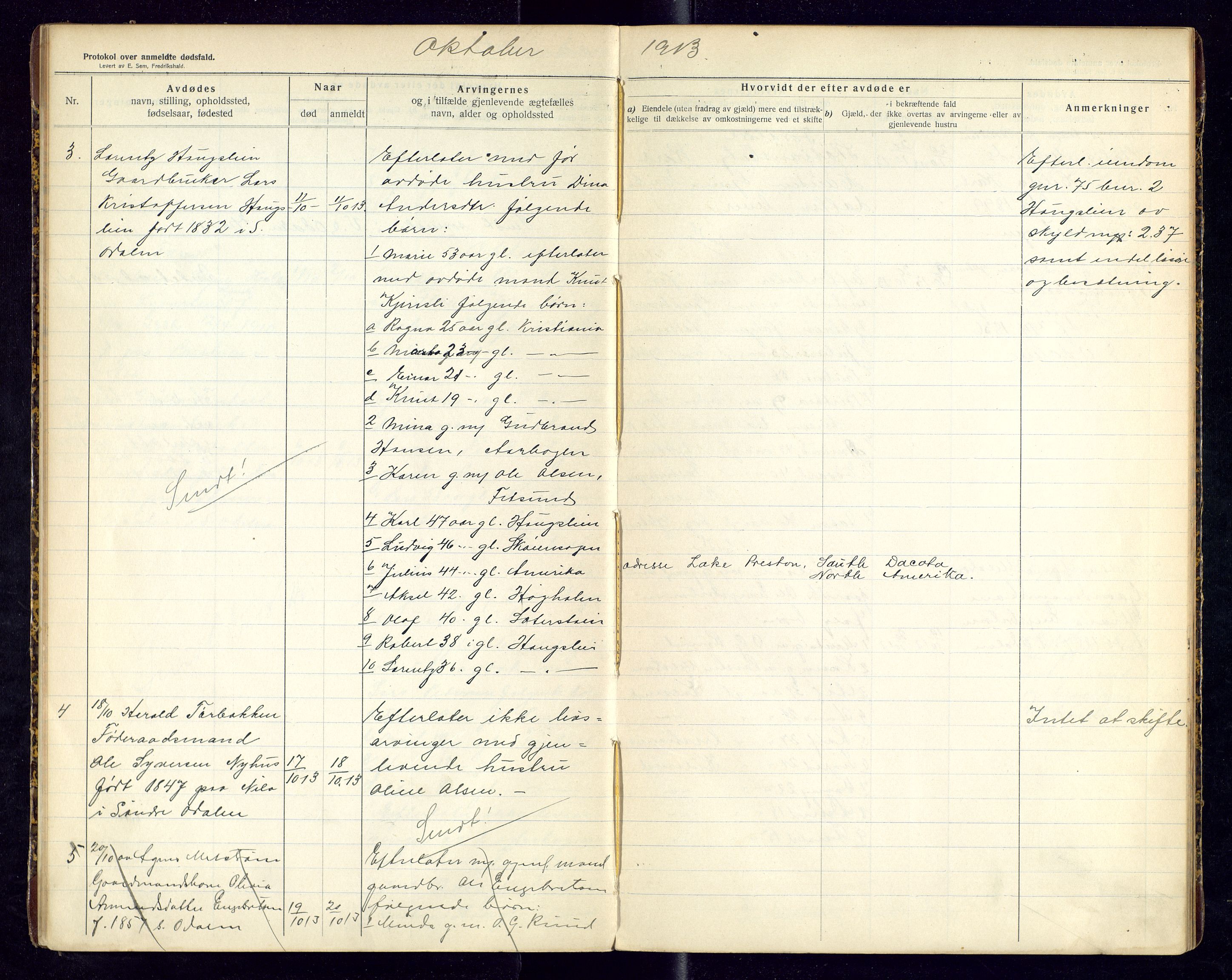 Sør-Odal lensmannskontor, SAH/LHS-022/H/Hb/L0002/0001: Protokoller over anmeldte dødsfall / Protokoll over anmeldte dødsfall, 1913-1915