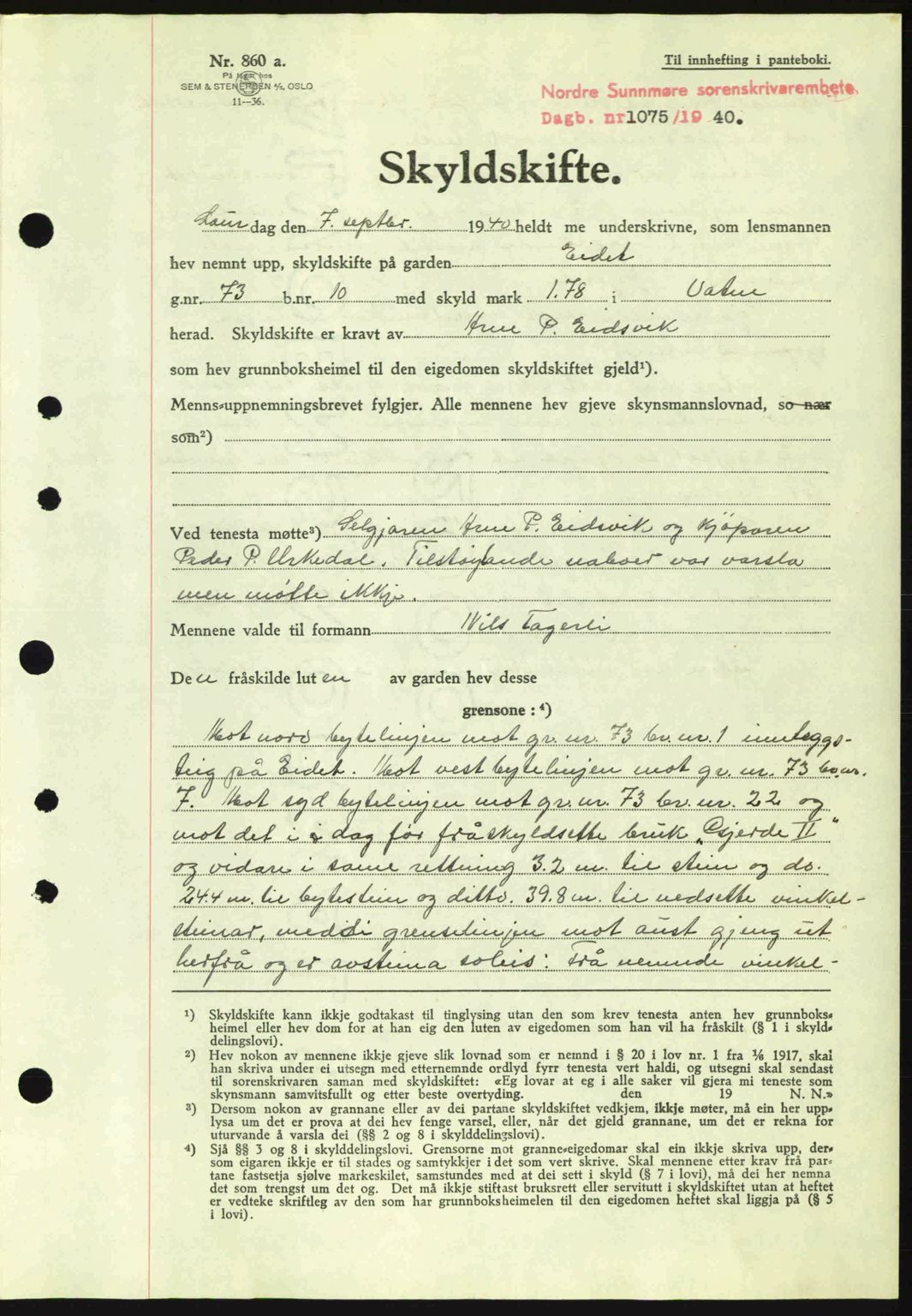 Nordre Sunnmøre sorenskriveri, AV/SAT-A-0006/1/2/2C/2Ca: Mortgage book no. A9, 1940-1940, Diary no: : 1075/1940