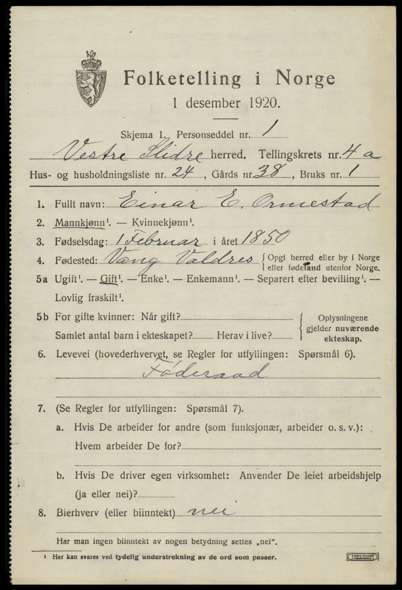 SAH, 1920 census for Vestre Slidre, 1920, p. 2272