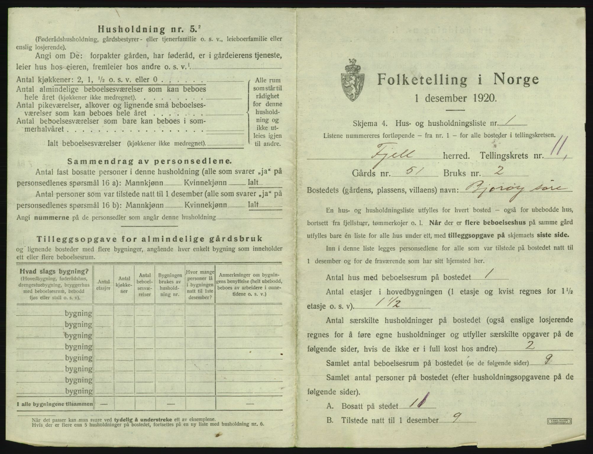 SAB, 1920 census for Fjell, 1920, p. 1209