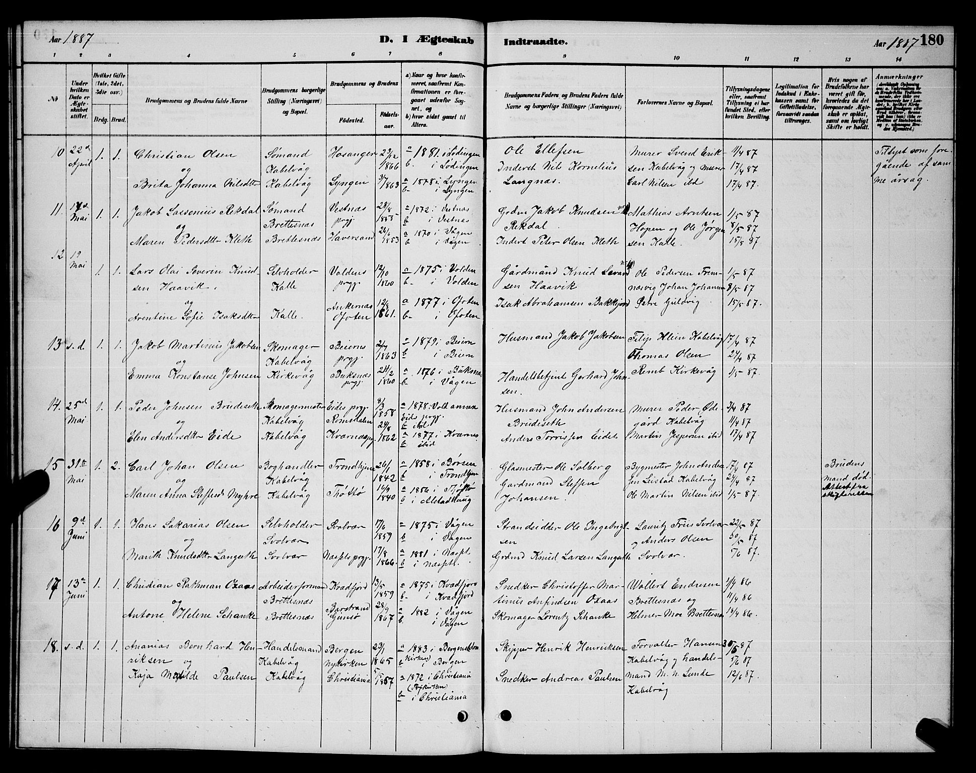 Ministerialprotokoller, klokkerbøker og fødselsregistre - Nordland, AV/SAT-A-1459/874/L1076: Parish register (copy) no. 874C05, 1884-1890, p. 180