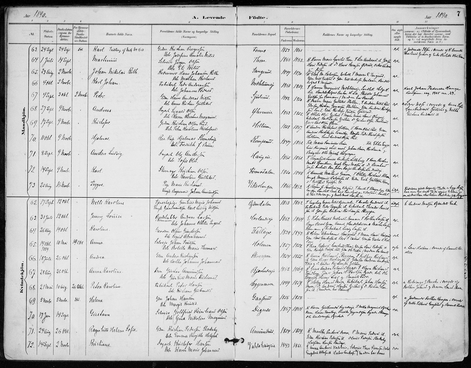 Modum kirkebøker, SAKO/A-234/F/Fa/L0012: Parish register (official) no. 12, 1890-1898, p. 7