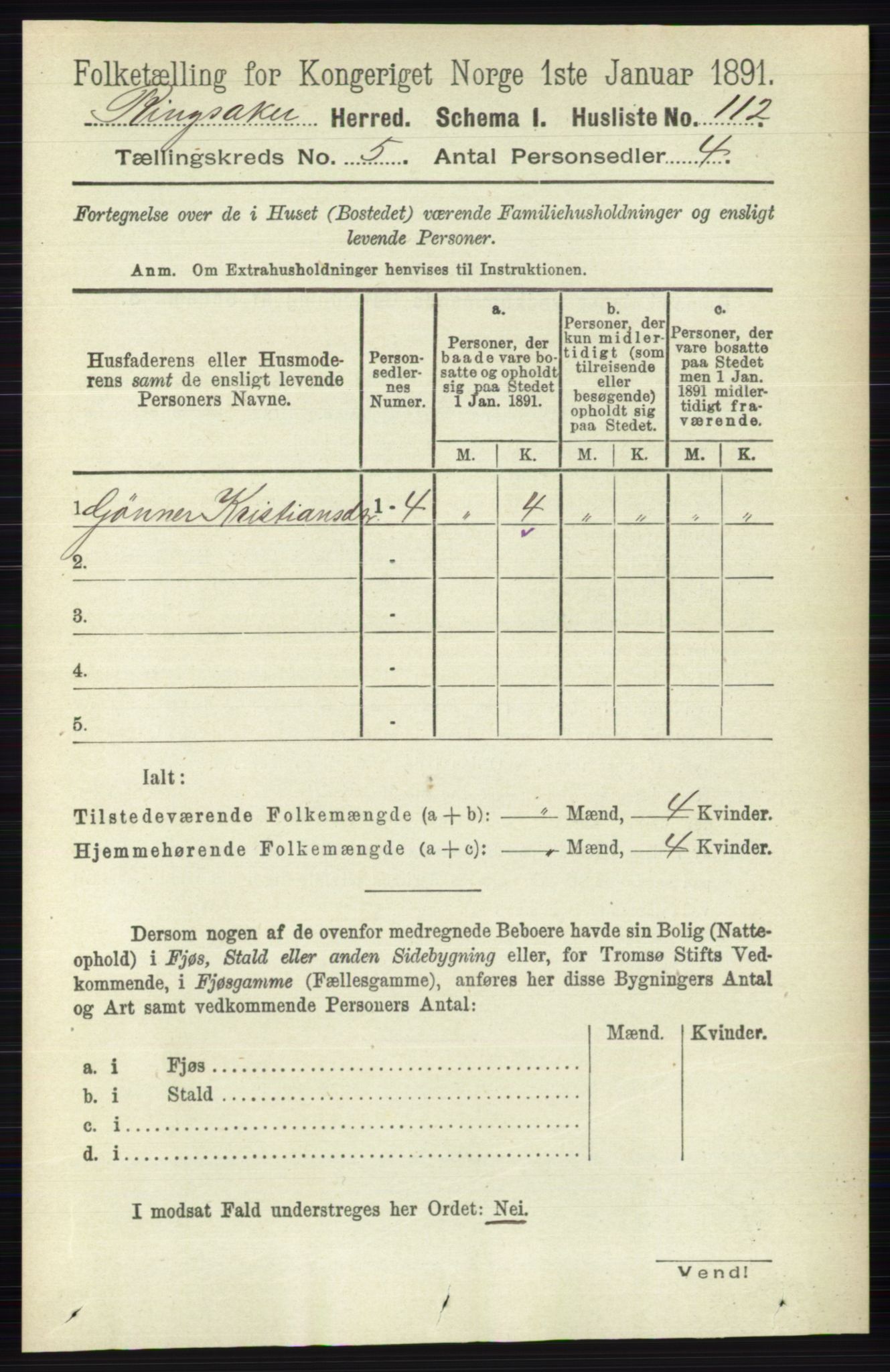 RA, 1891 census for 0412 Ringsaker, 1891, p. 2407