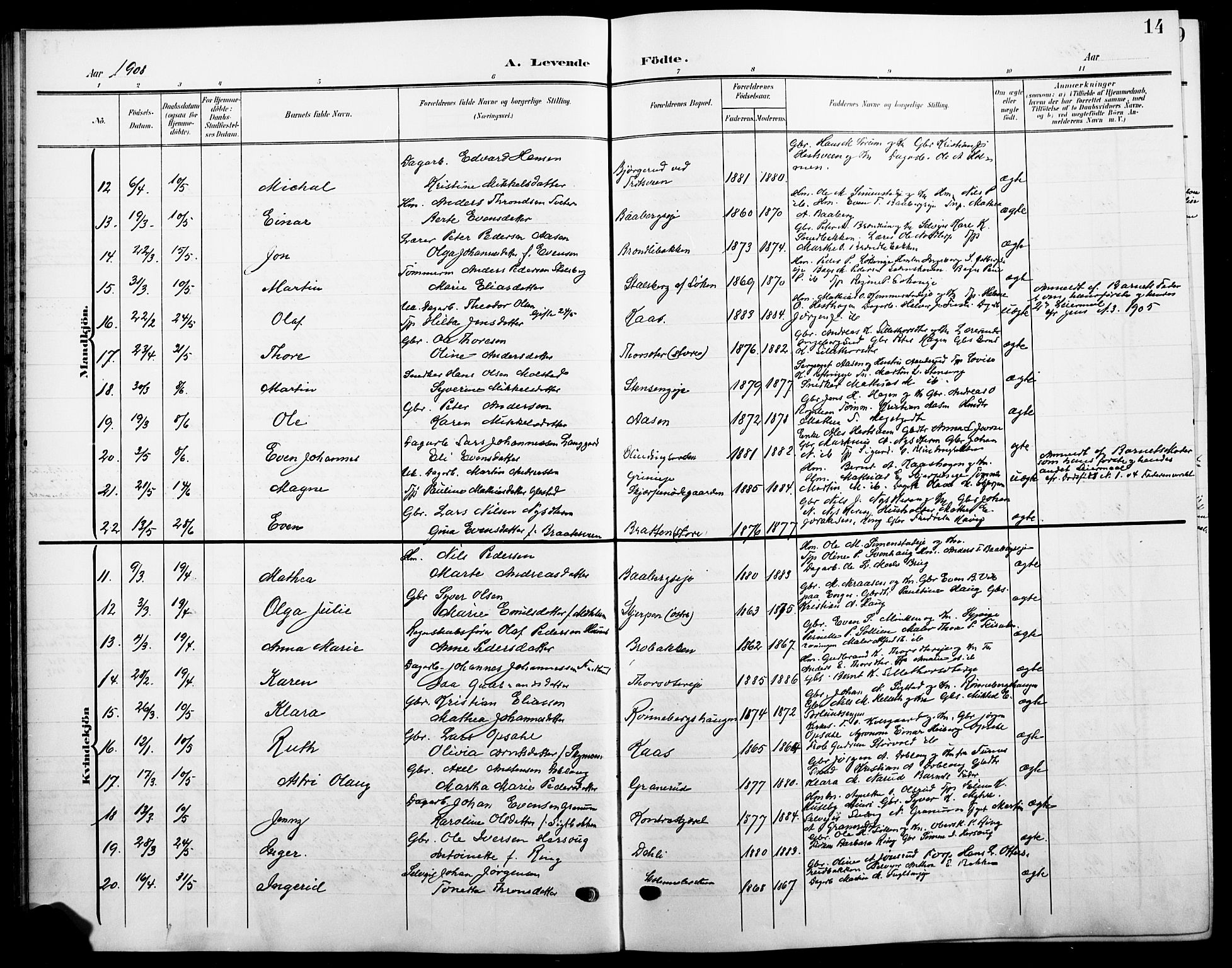 Ringsaker prestekontor, SAH/PREST-014/L/La/L0017: Parish register (copy) no. 17, 1905-1920, p. 14