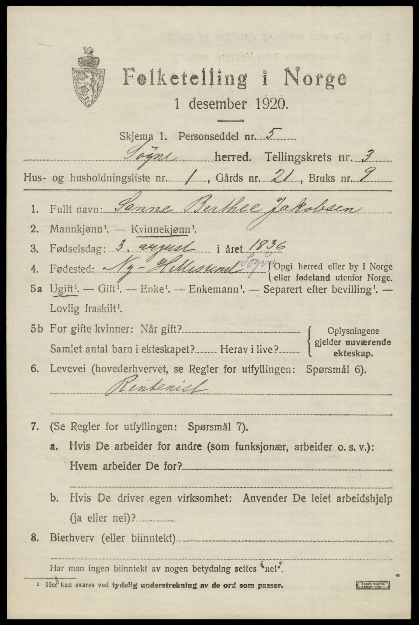 SAK, 1920 census for Søgne, 1920, p. 1649