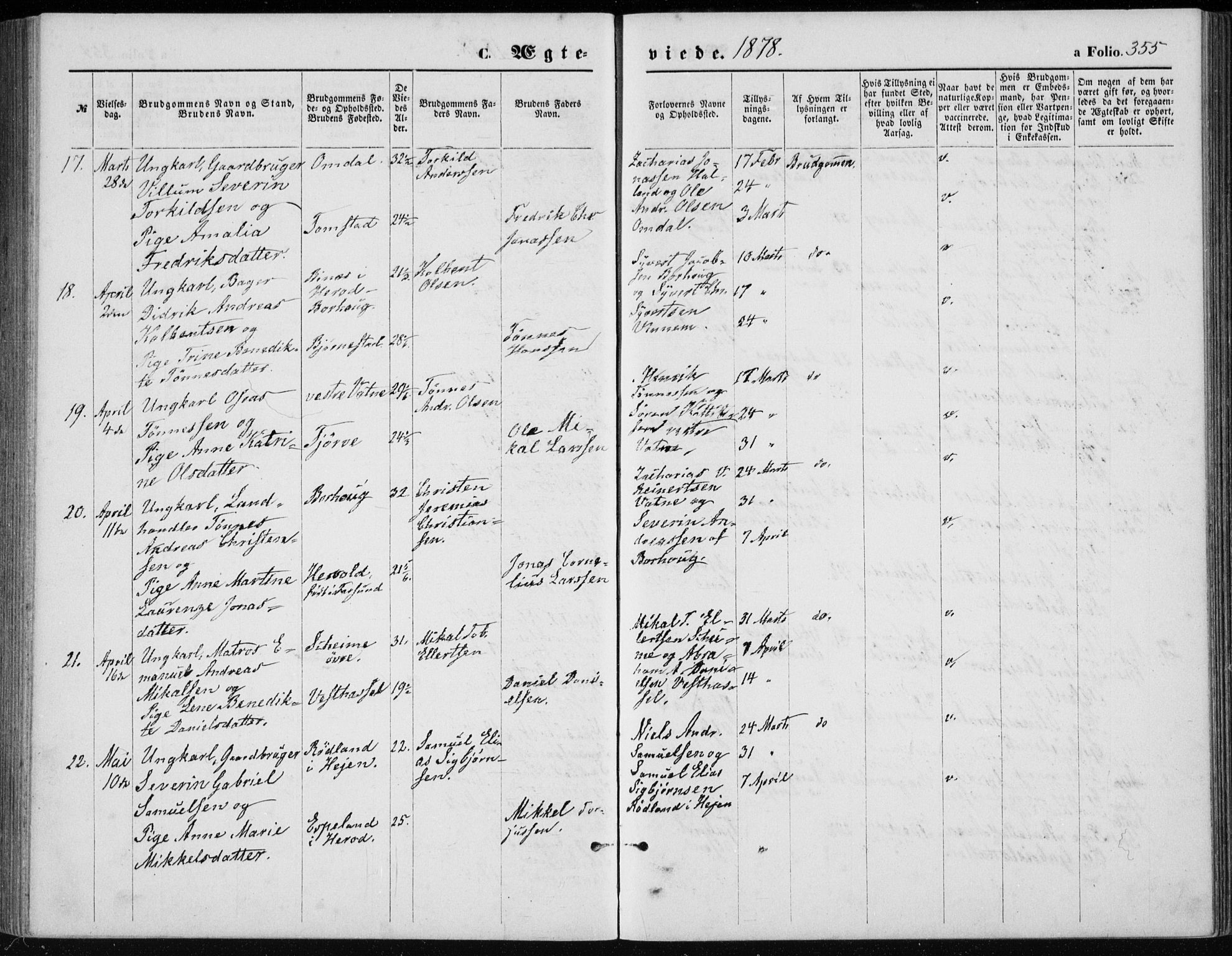 Lista sokneprestkontor, AV/SAK-1111-0027/F/Fb/L0004: Parish register (copy) no. B 4, 1877-1891, p. 355