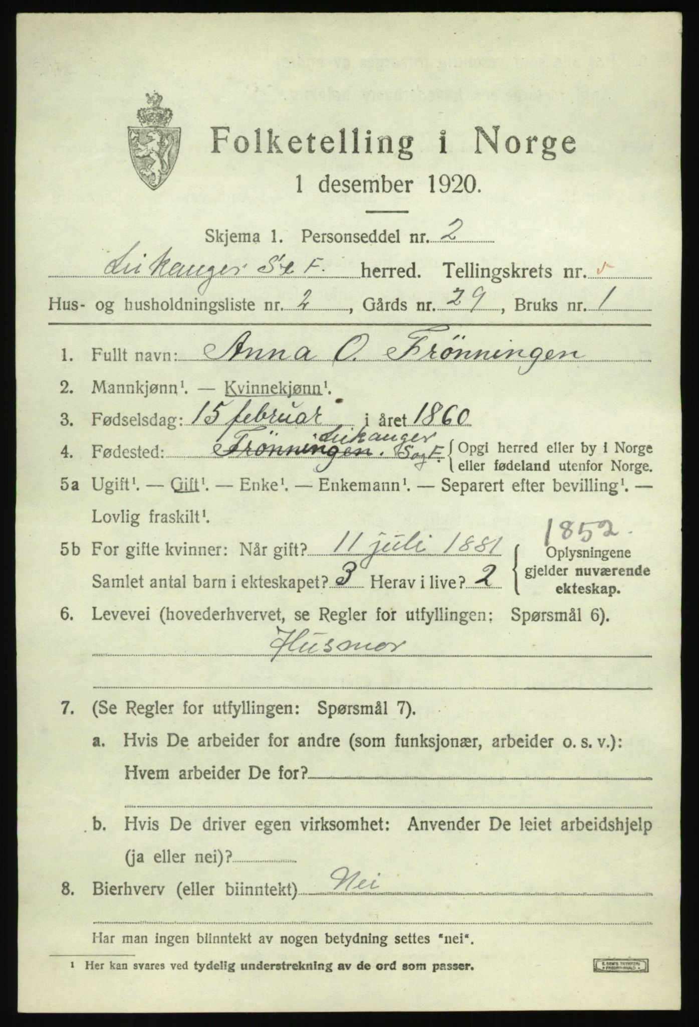 SAB, 1920 census for Leikanger, 1920, p. 3620