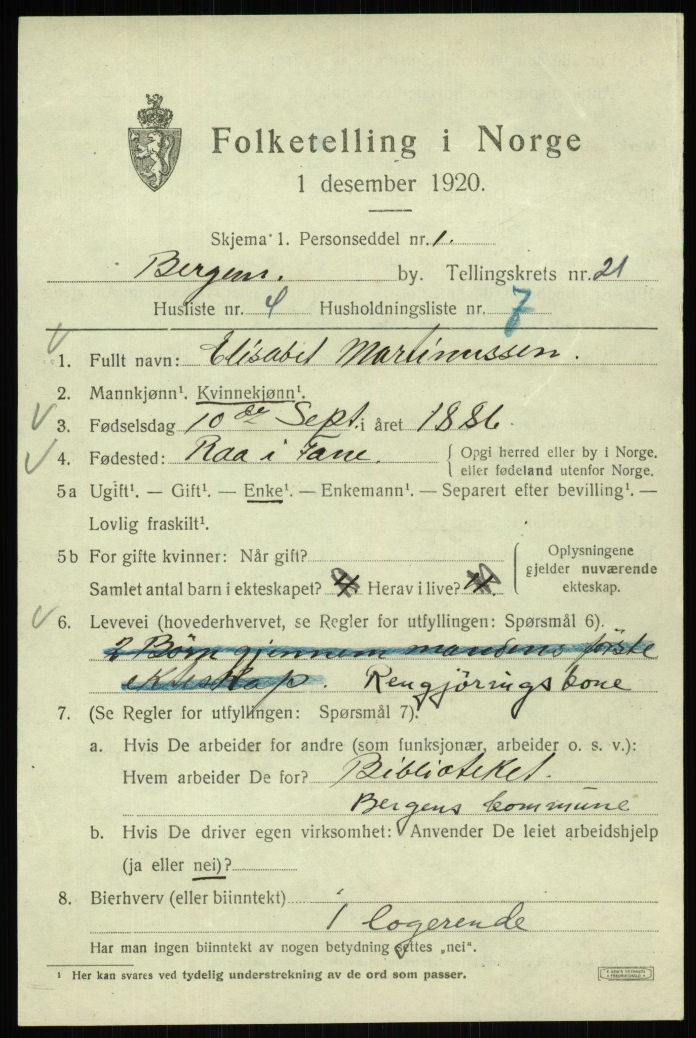 SAB, 1920 census for Bergen, 1920, p. 84550